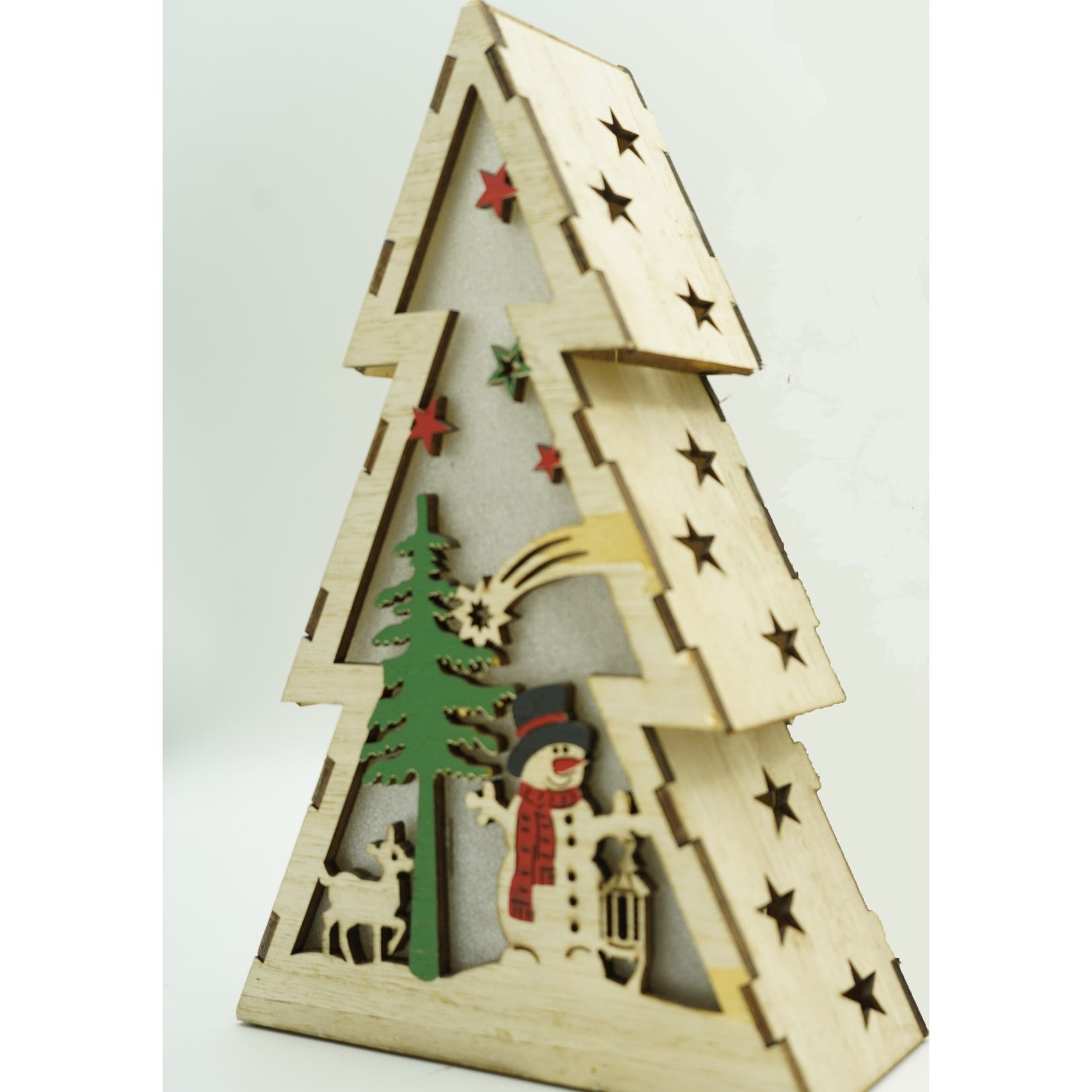 Decoratiune luminoasa, model de Brad cu Om de zapada, maro, lungime: 14 cm, latime: 5 cm, inaltime: 20 cm, lemn,