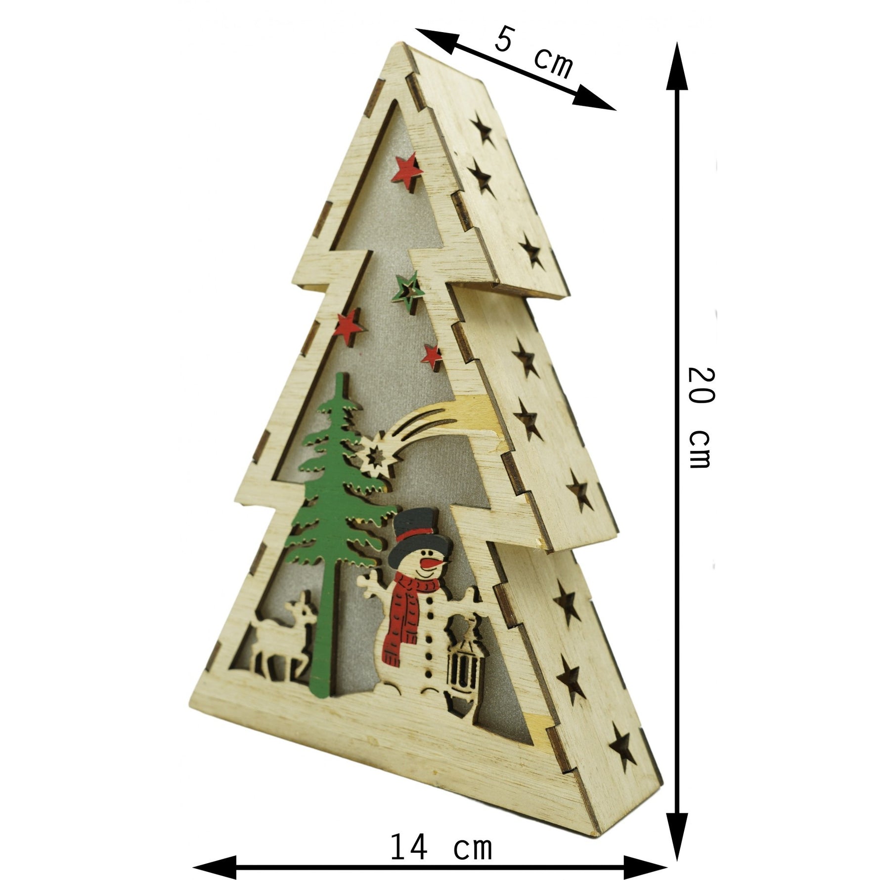 Decoratiune luminoasa, model de Brad cu Om de zapada, maro, lungime: 14 cm, latime: 5 cm, inaltime: 20 cm, lemn,