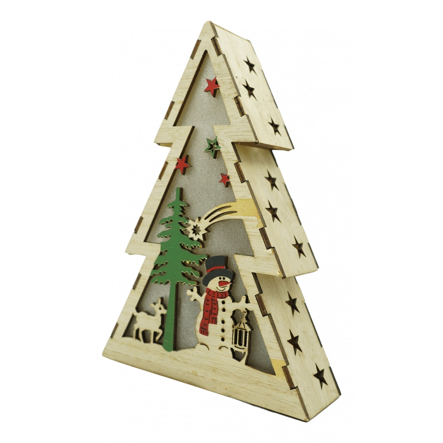 Decoratiune luminoasa, model de Brad cu Om de zapada, maro, lungime: 14 cm, latime: 5 cm, inaltime: 20 cm, lemn,