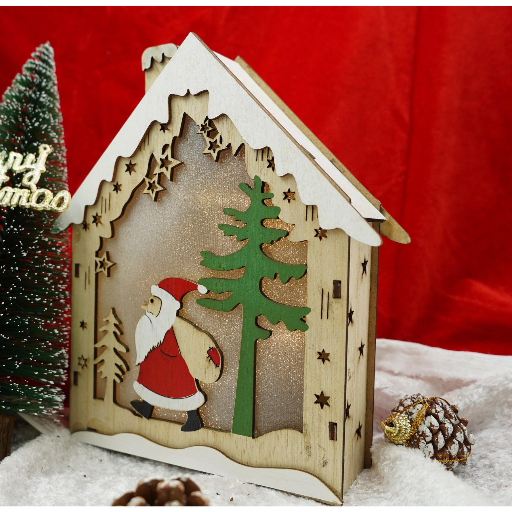 Decoratiune luminoasa, model de Casa cu Mos Craciun, maro, lungime: 18 cm, latime: 21 cm, inaltime: 5 cm, lemn,
