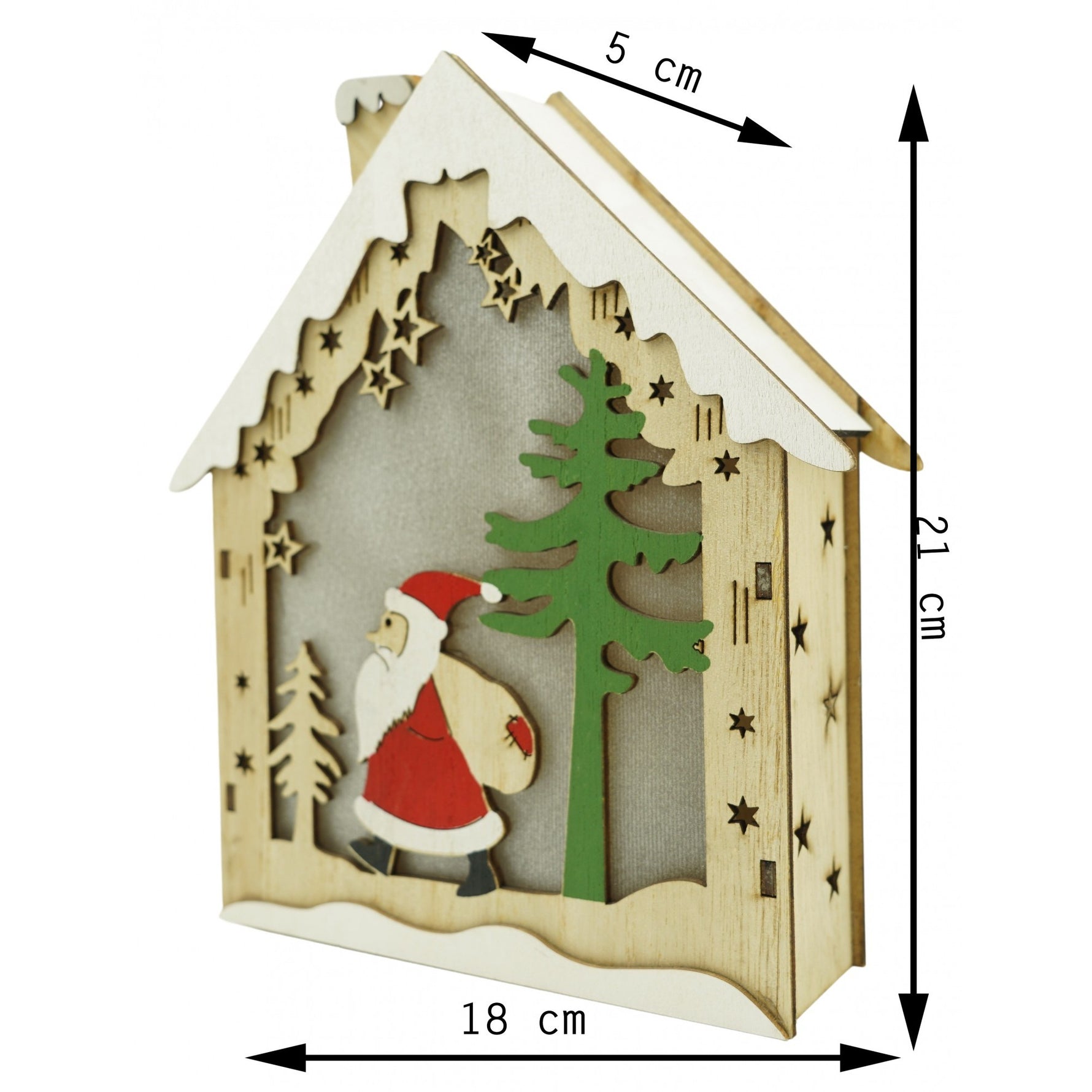 Decoratiune luminoasa, model de Casa cu Mos Craciun, maro, lungime: 18 cm, latime: 21 cm, inaltime: 5 cm, lemn,