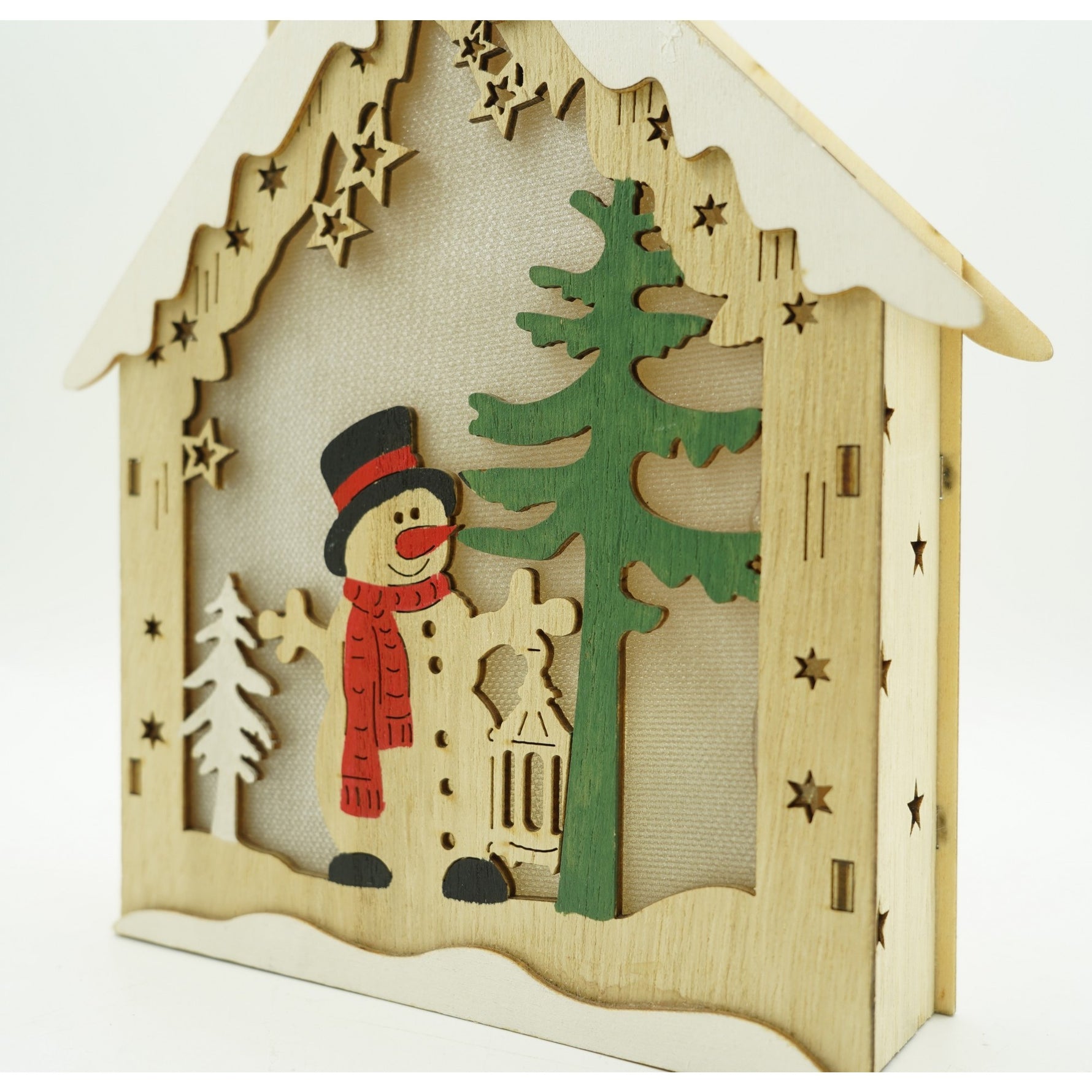 Decoratiune luminoasa, model de Casa cu Om de zapada, maro, lungime: 18 cm, latime: 5 cm, inaltime: 21 cm, lemn,