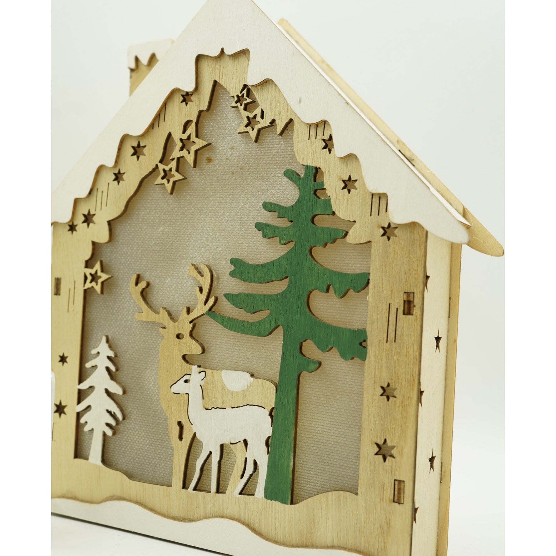 Decoratiune luminoasa, model de Casa cu Reni, maro, lungime: 18 cm, latime: 5 cm, inaltime: 21 cm, lemn,