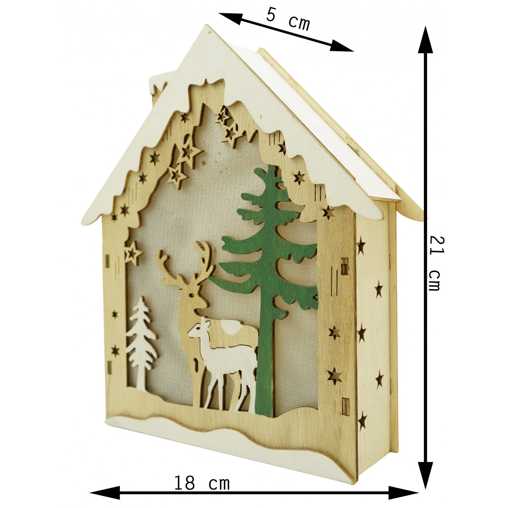 Decoratiune luminoasa, model de Casa cu Reni, maro, lungime: 18 cm, latime: 5 cm, inaltime: 21 cm, lemn,