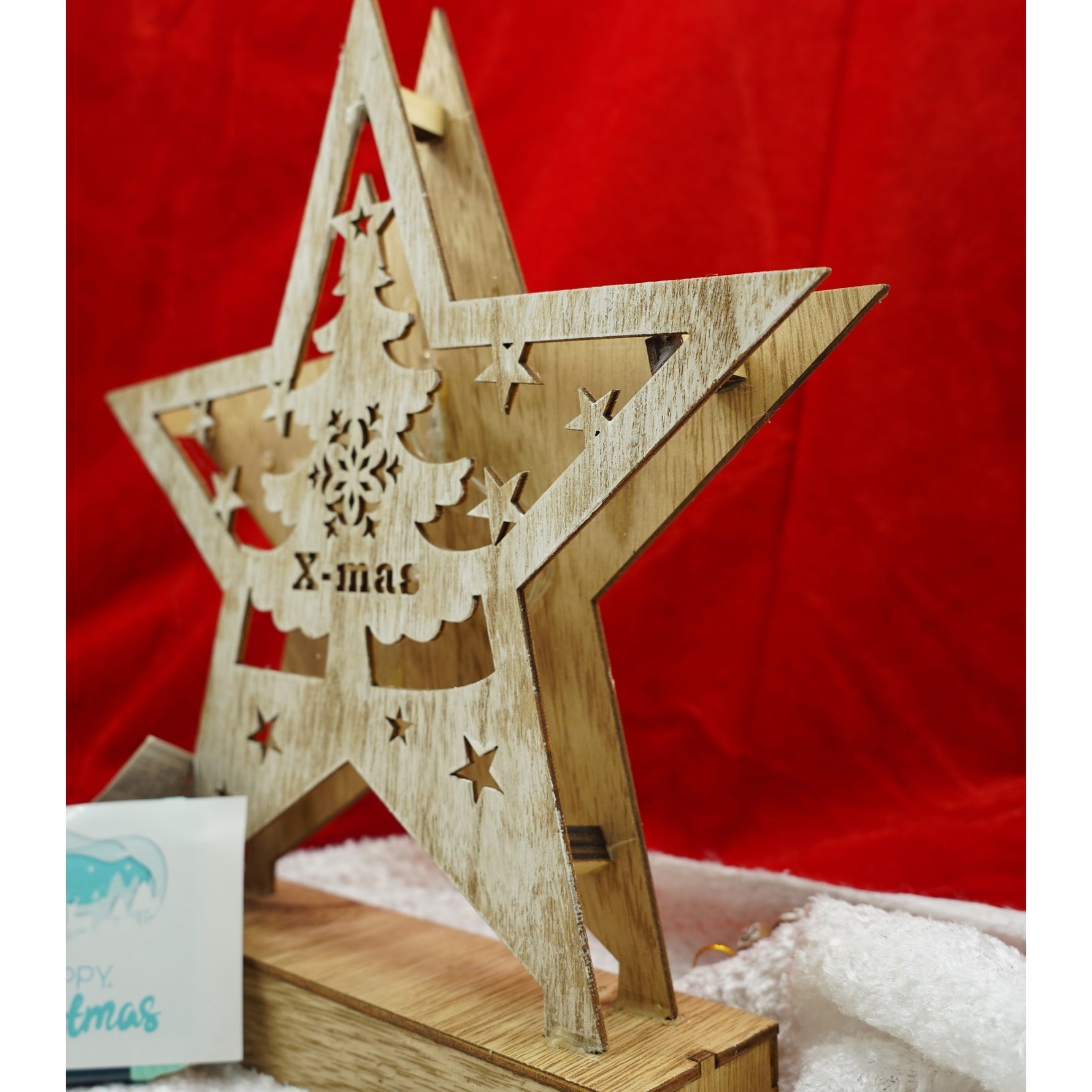 Decoratiune luminoasa, model de Stea cu Brad si inscriptie Marry Christmas, alb, lungime: 19 cm, latime: 5 cm,