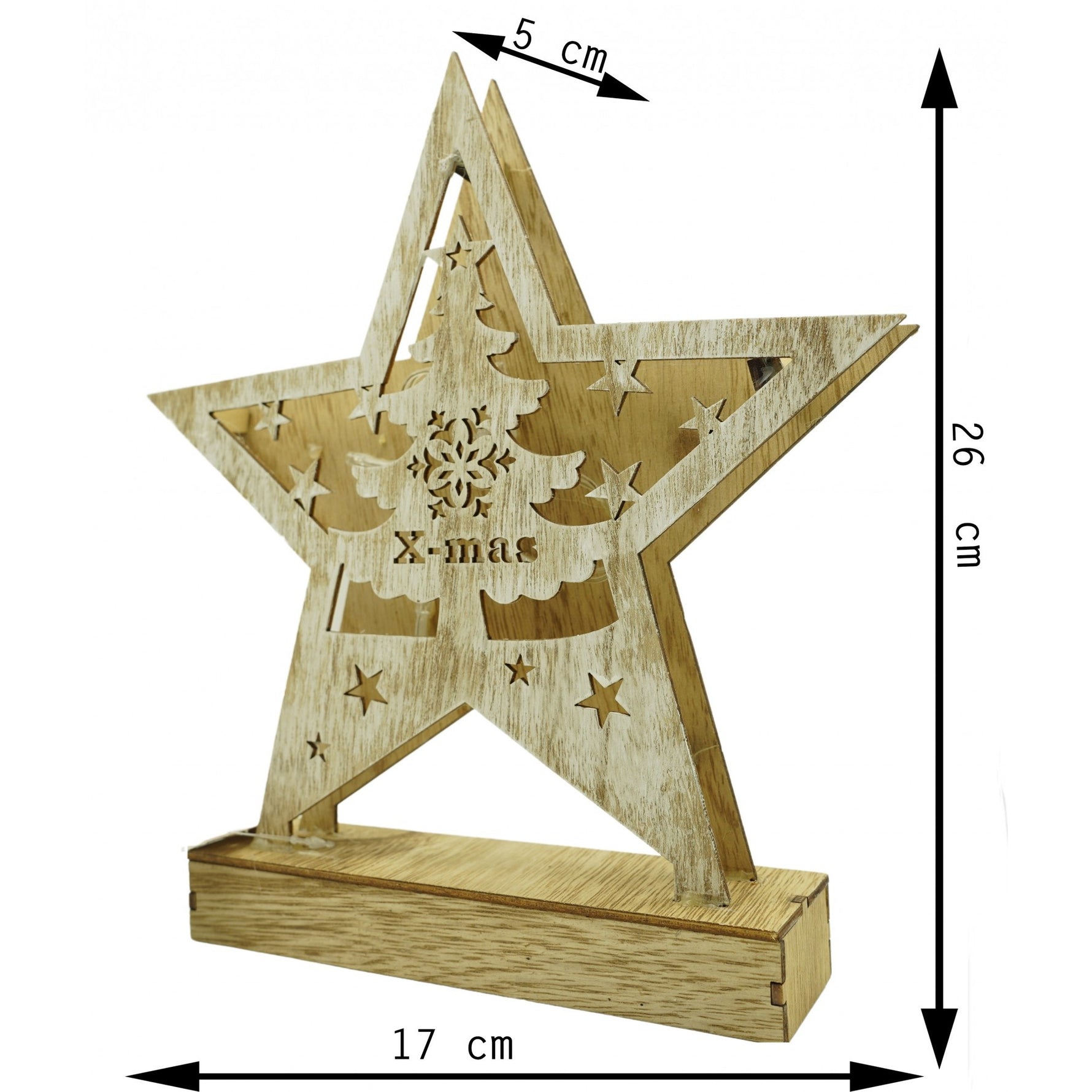 Decoratiune luminoasa, model de Stea cu Brad si inscriptie Marry Christmas, alb, lungime: 19 cm, latime: 5 cm,