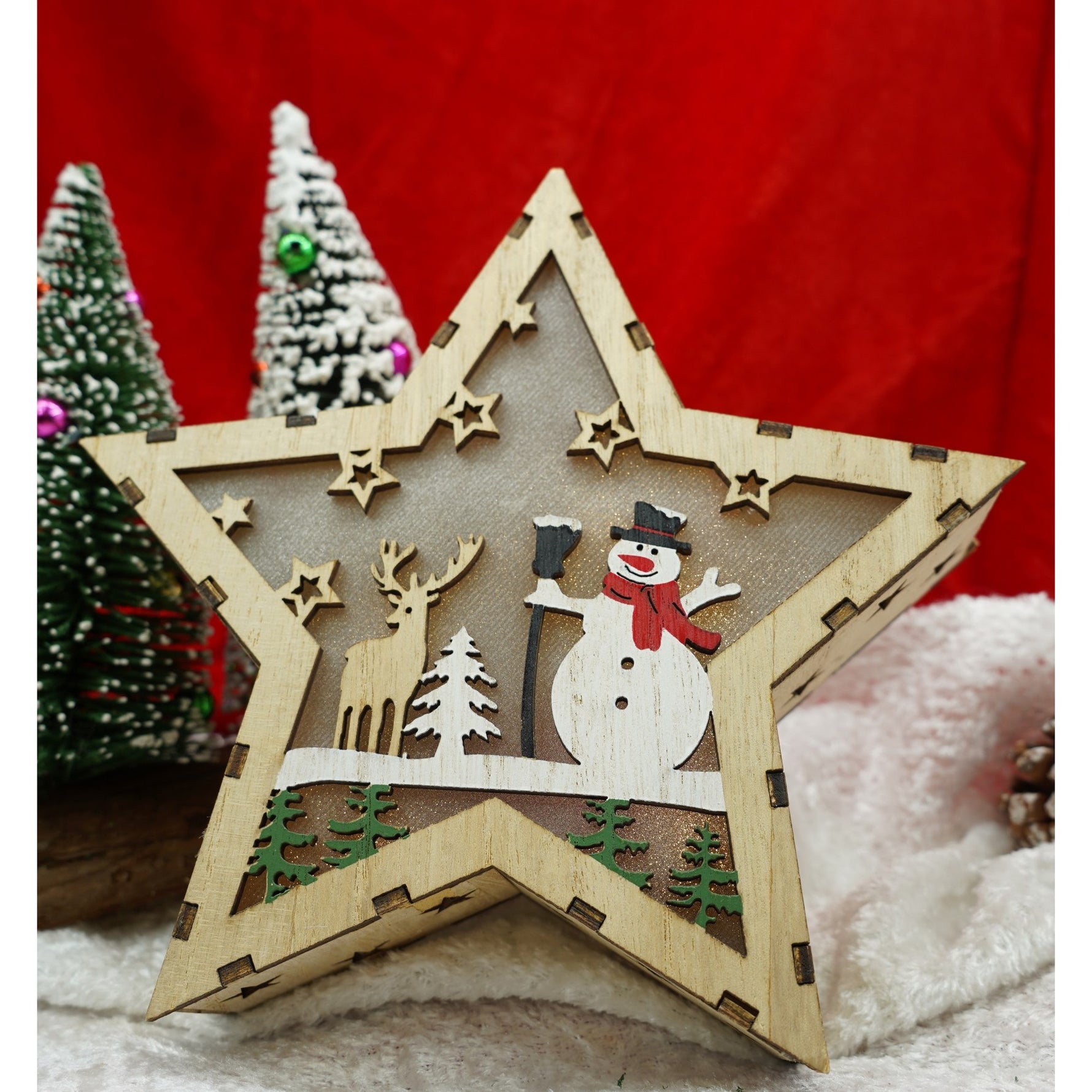 Decoratiune luminoasa, model de Stea cu Om de zapada, maro, lungime: 18 cm, latime: 18 cm, inaltime: 4 cm, lemn,