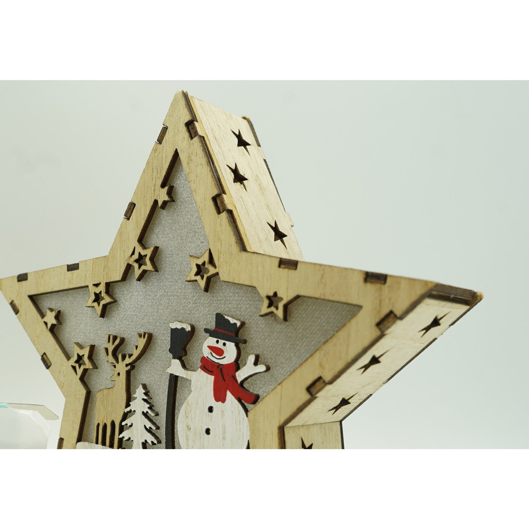 Decoratiune luminoasa, model de Stea cu Om de zapada, maro, lungime: 18 cm, latime: 18 cm, inaltime: 4 cm, lemn,
