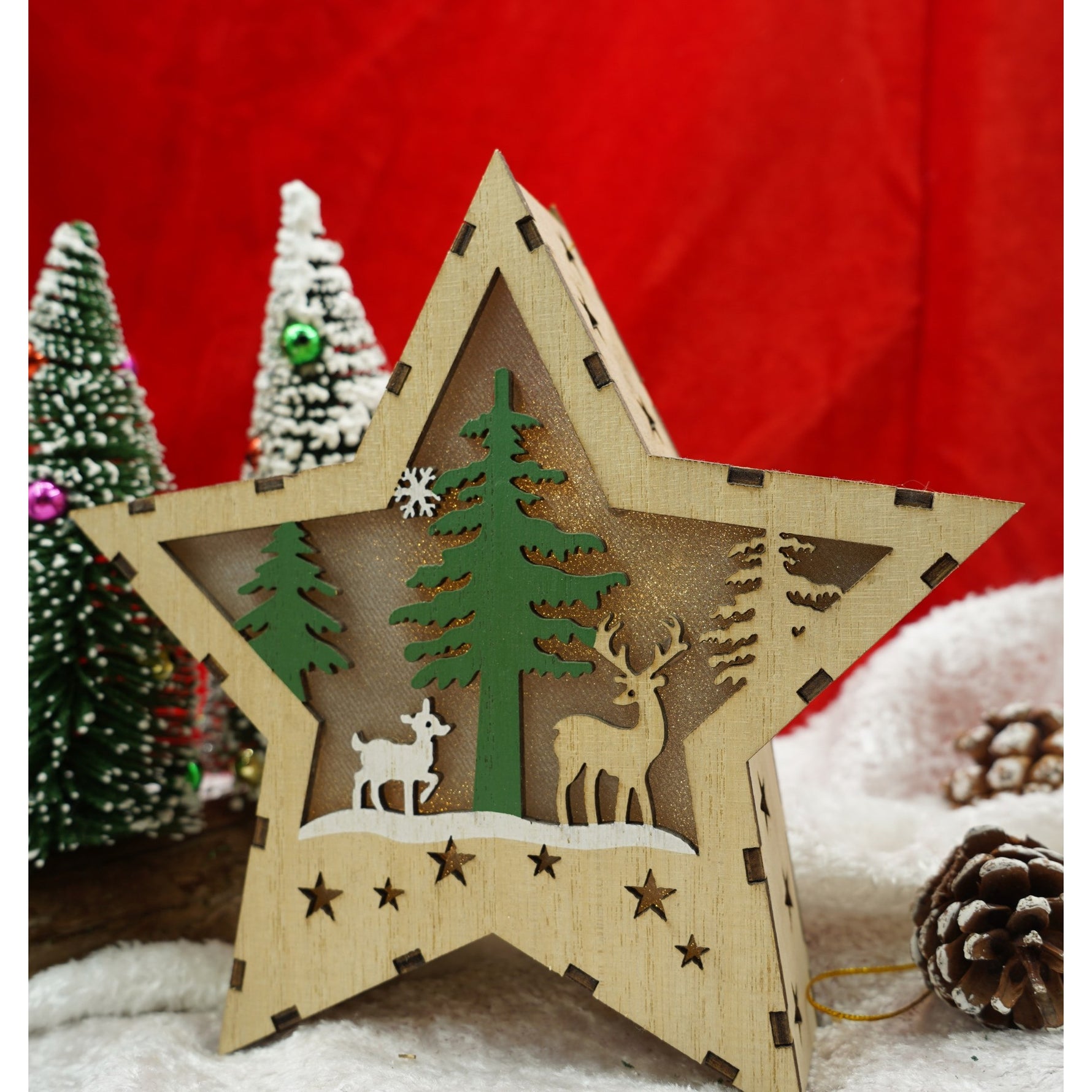 Decoratiune luminoasa, model de Stea cu Reni, maro, lungime: 18 cm, latime: 18 cm, inaltime: 4 cm, lemn,