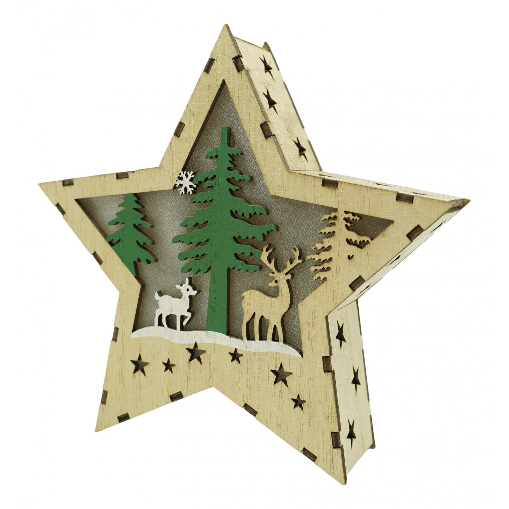 Decoratiune luminoasa, model de Stea cu Reni, maro, lungime: 18 cm, latime: 18 cm, inaltime: 4 cm, lemn,
