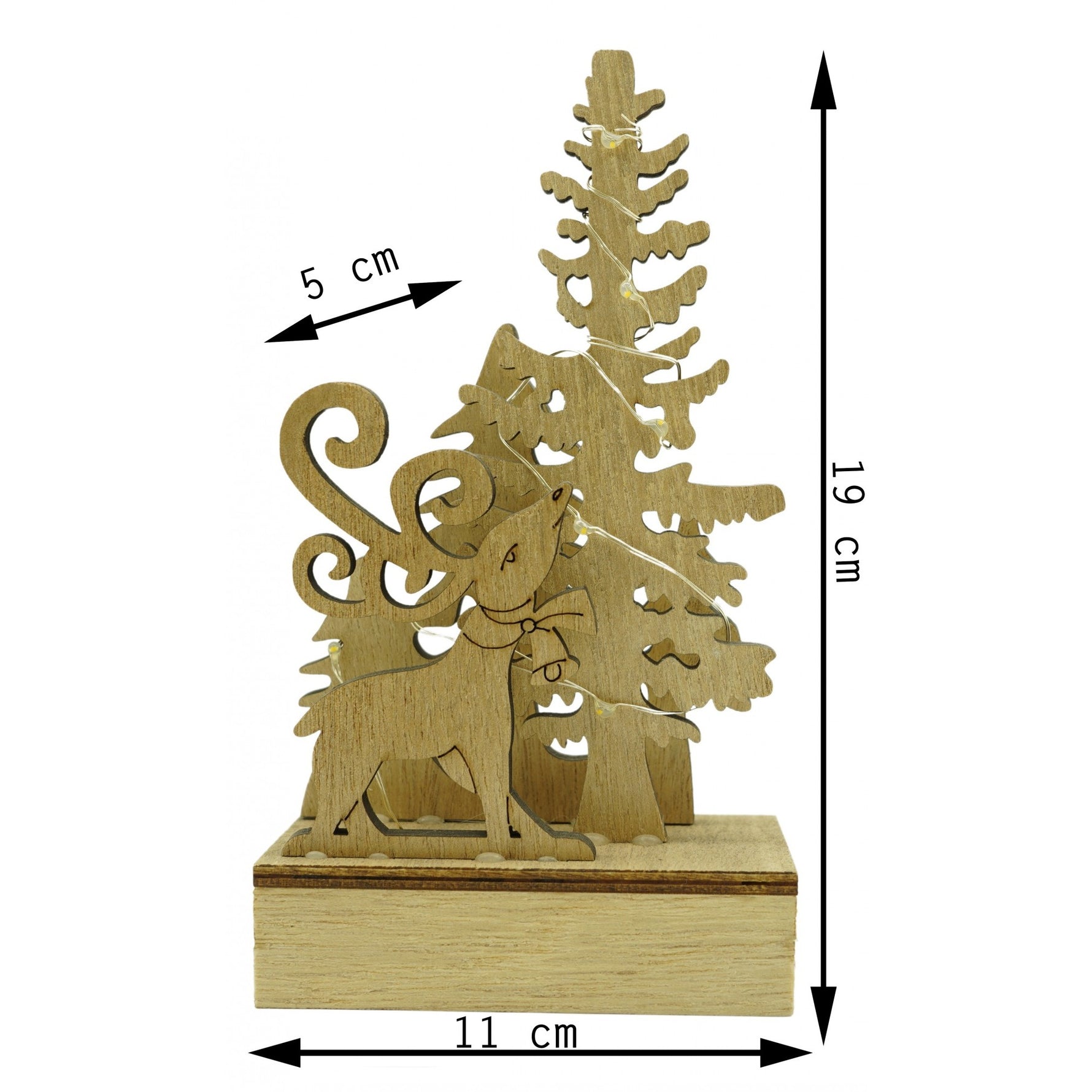 Decoratiune luminoasa, peisaj cu Cerb si Brad, maro, lungime: 11 cm, latime: 5 cm, inaltime: 19 cm, lemn,
