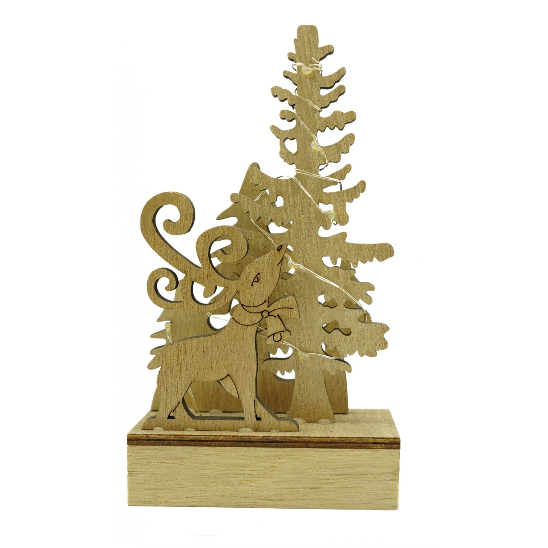 Decoratiune luminoasa, peisaj cu Cerb si Brad, maro, lungime: 11 cm, latime: 5 cm, inaltime: 19 cm, lemn,