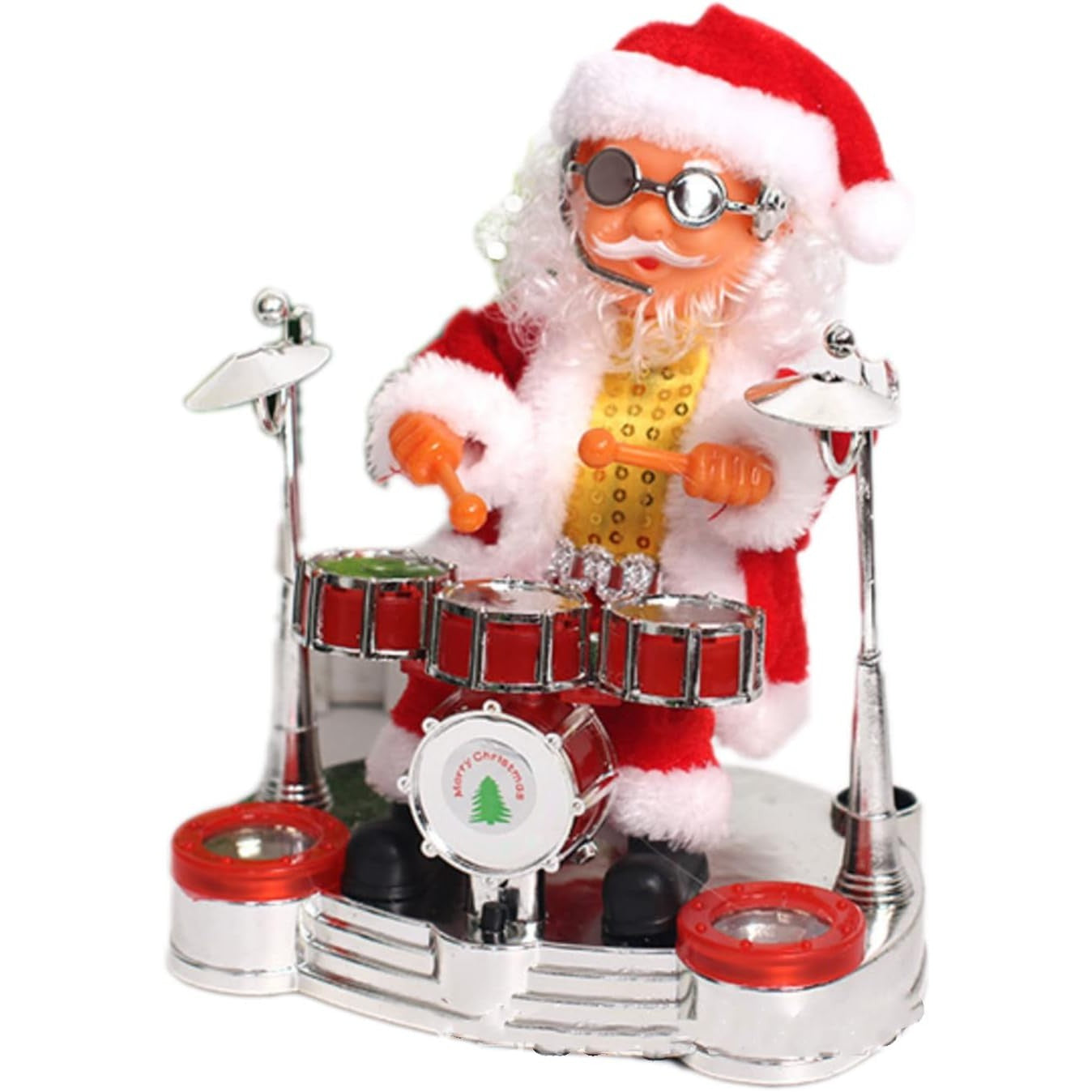 Decoratiune Mos Craciun, Flippy, Animat, care Canta si Danseaza, cu Tobe, Imbracat Festiv, 20x17 cm Inaltime, Rosu