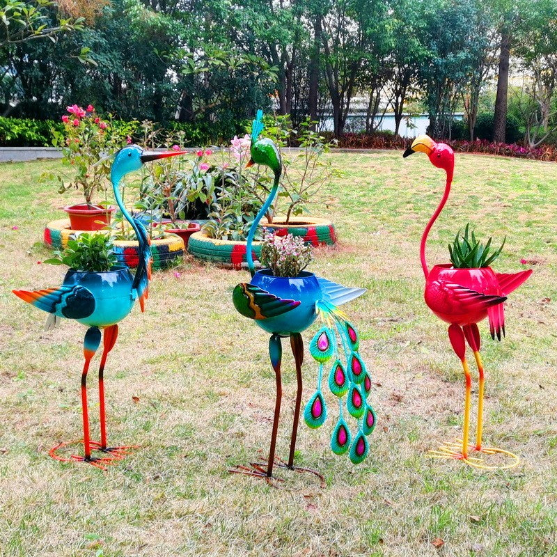 Decoratiune pentru Gradina, Flippy, Flamingo pentru Gradina cu Suport pentru Plante Flori, Ornament de Ghiveci de