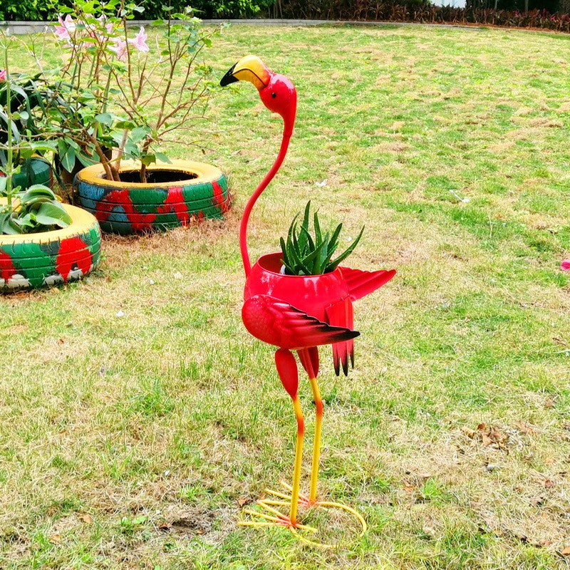 Decoratiune pentru Gradina, Flippy, Flamingo pentru Gradina cu Suport pentru Plante Flori, Ornament de Ghiveci de