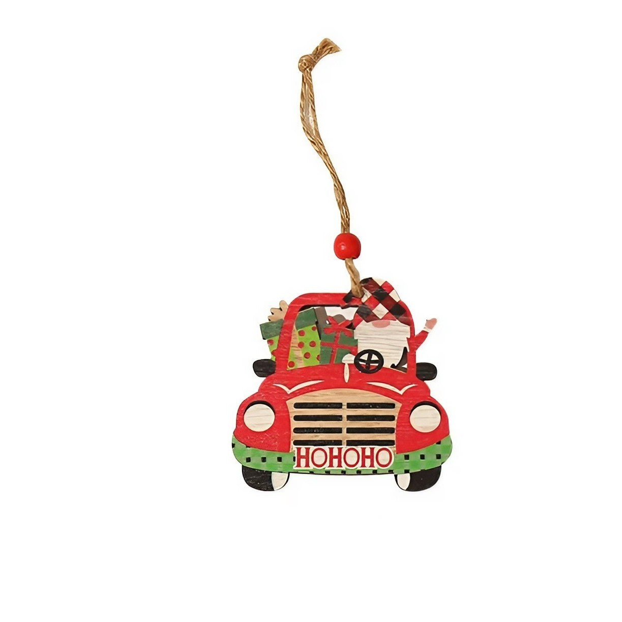 Decoratiune de Craciun din Lemn, Flippy, cu Snur pentru Agatare in Brad, Model Masina lui Mos Craciun, Scris HoHoHO,