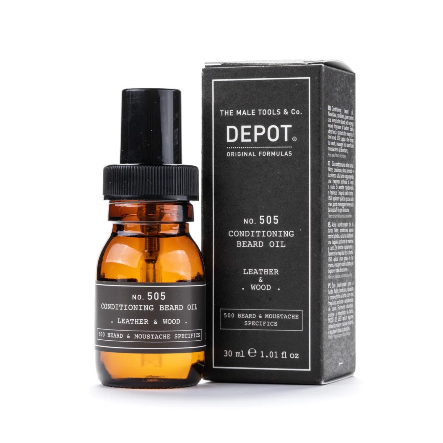 Depot, 500 Beard & Mustache Specifics No. 505, Ulei pentru barbă, Piele și lemn, Pentru strălucire și finețe, 30 ml
