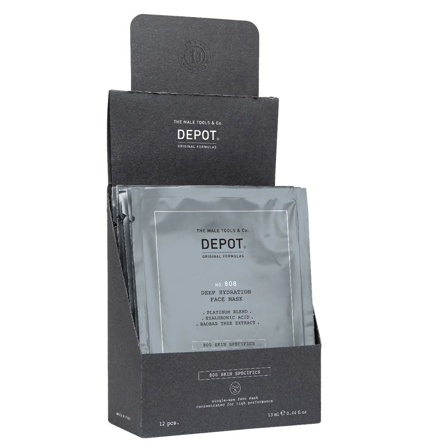 Set, Depot, 800 Skin Specifics No. 808, Acid hialuronic, Hidratare profundă/Liniștitor și revitalizant, Mască facială, Pentru față, Zi, 12 buc, 13 ml - Olmarkt
