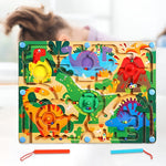 Joc Montessori de Sortare Culori, Flippy, Creion Magnetic, Tip Labirint Ilustrat, din Lemn, Model Dinozauri, 39x29x1.5