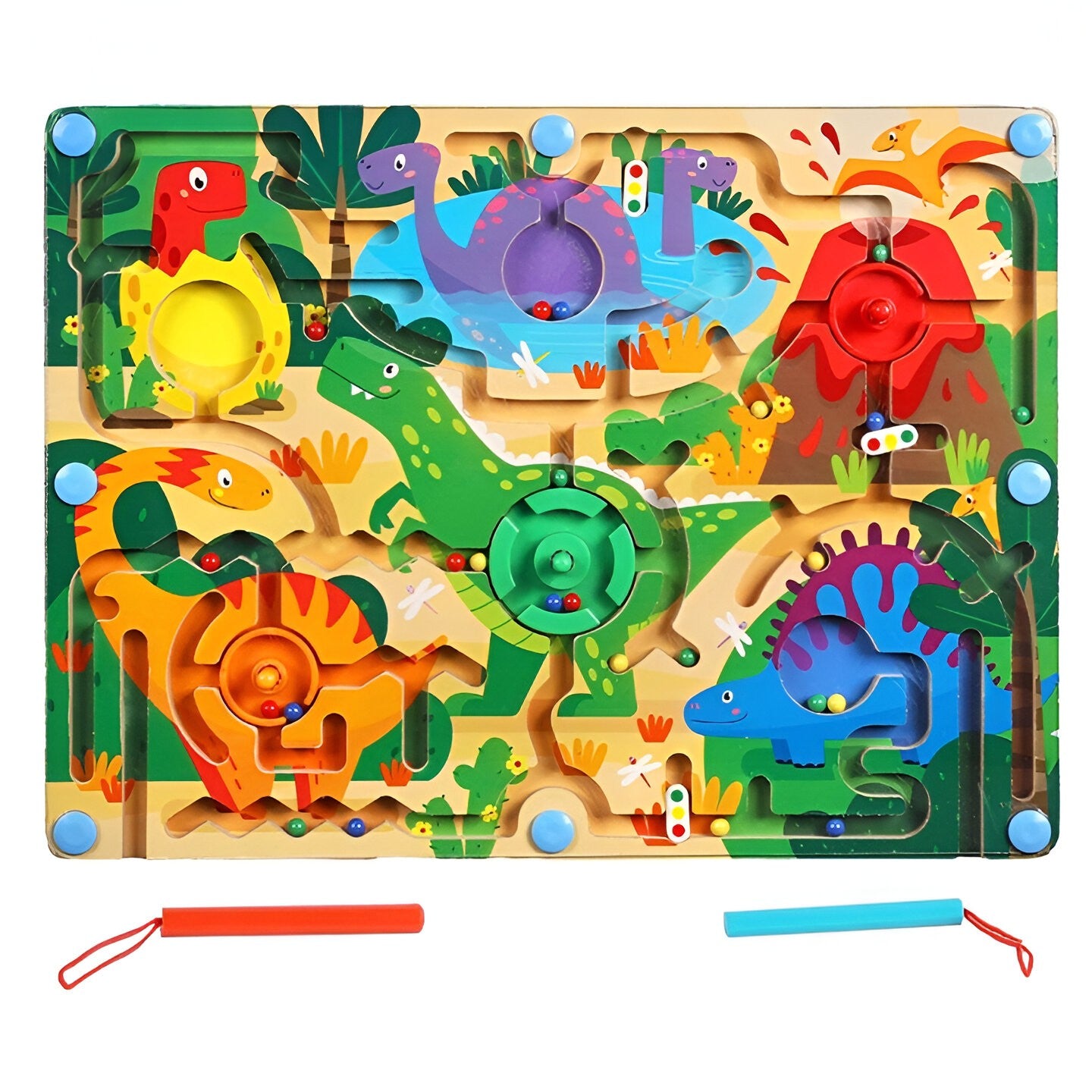 Joc Montessori de Sortare Culori, Flippy, Creion Magnetic, Tip Labirint Ilustrat, din Lemn, Model Dinozauri, 39x29x1.5