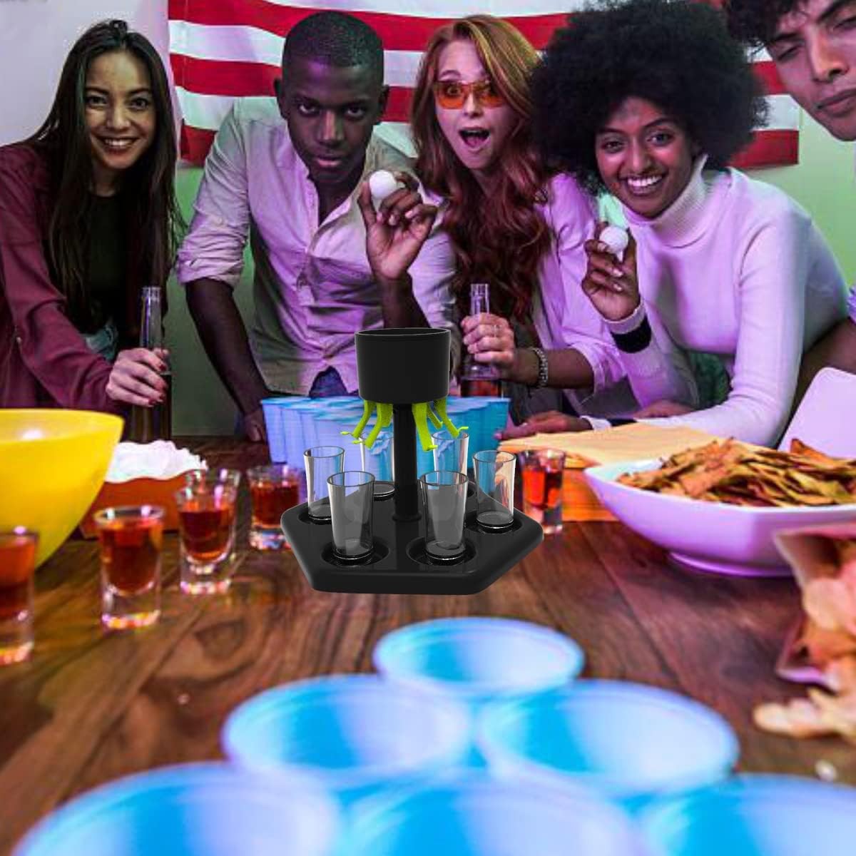 Dozator Hexagonal cu Suport pentru Shoturi, Flippy, 6 Pahare, Set Complet cu Ambalaj si Cutie, Dispenser, Divizor, Joc