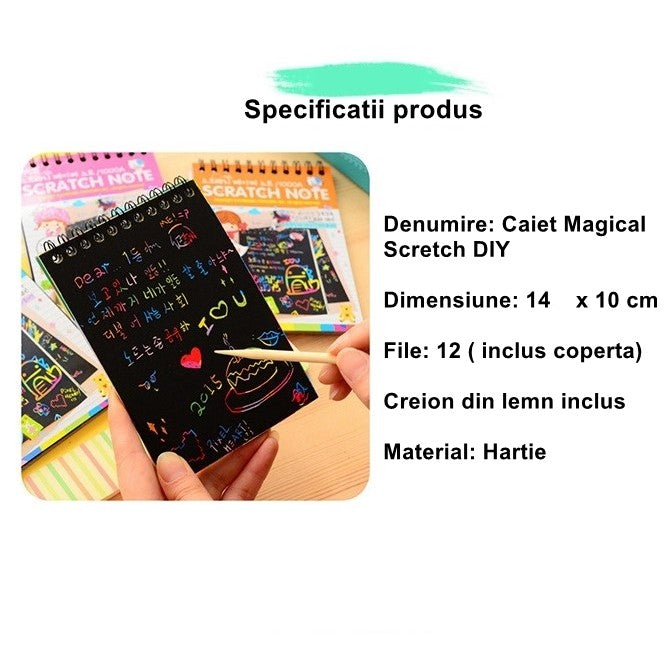 Caiet cu fise razuibile Flippy, DIY Magic Scratch, 12 File, Curcubeu, Creion din Lemn, Cartonase negre, 14 x 10 cm,