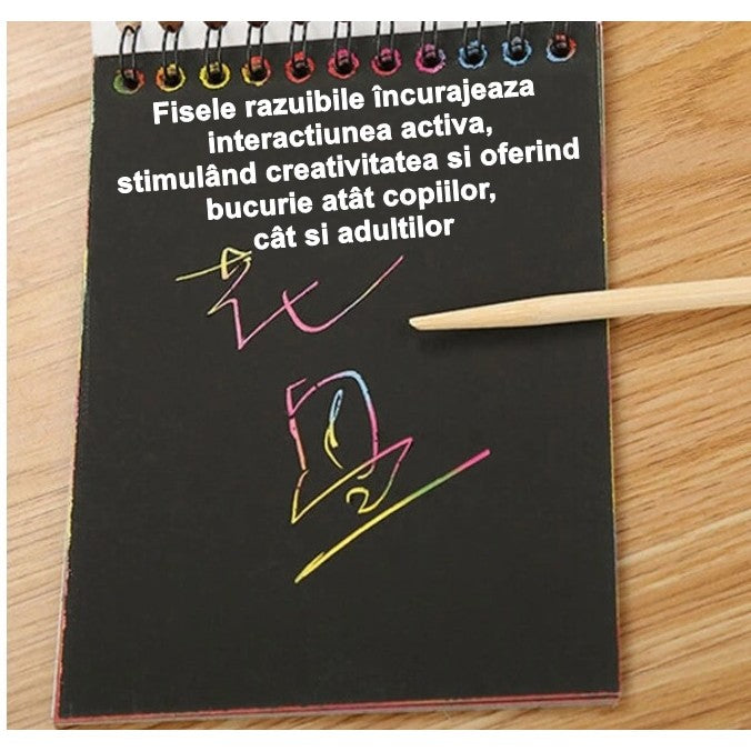 Caiet cu fise razuibile Flippy, DIY Magic Scratch, 12 File, Curcubeu, Creion din Lemn, Cartonase negre, 14 x 10 cm,