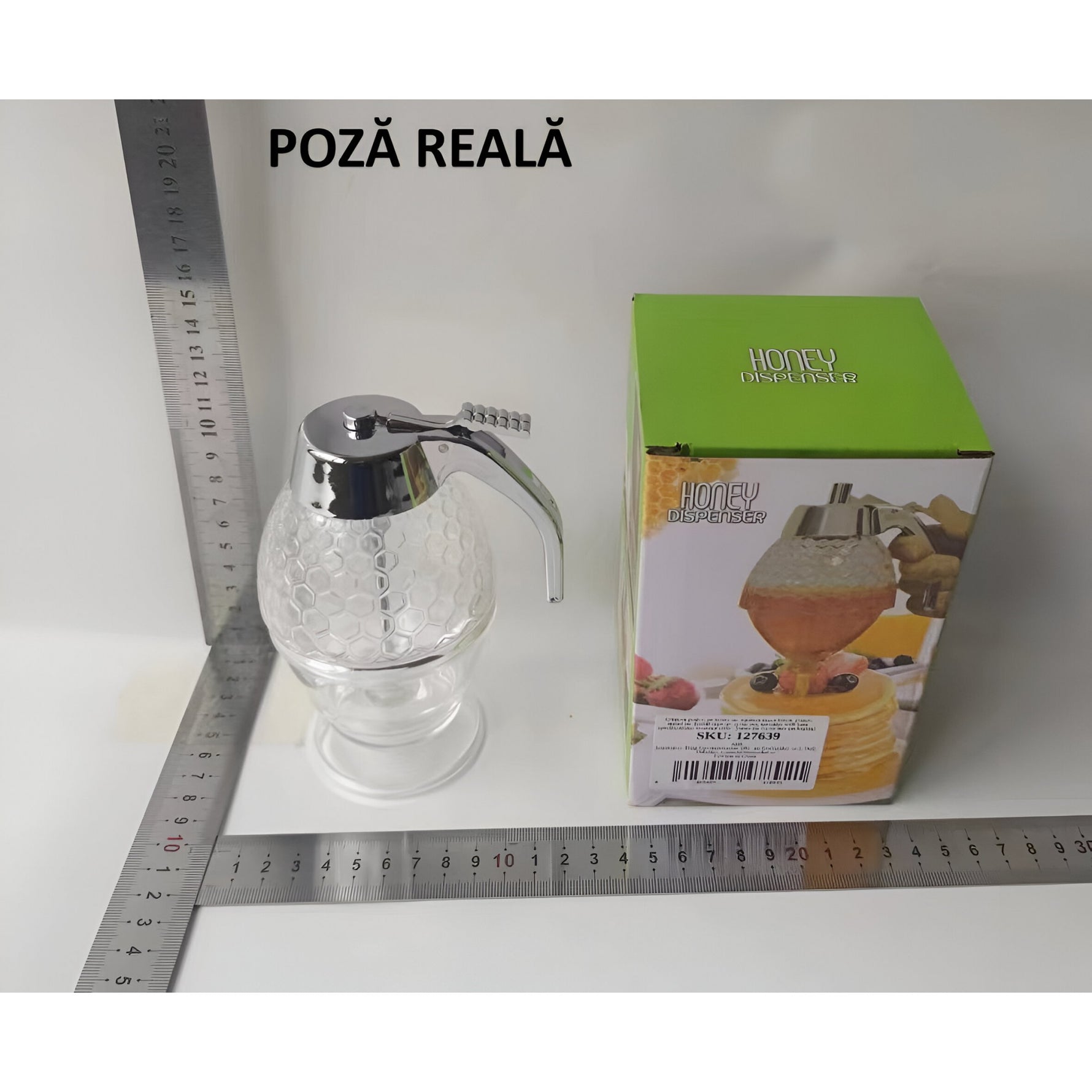 Dozator de Miere, Flippy, Dispenser fara Picurare, Borcan Tip Fagure, fara Scurgeri, pentru Zahar si Sirop, 15x8 cm,
