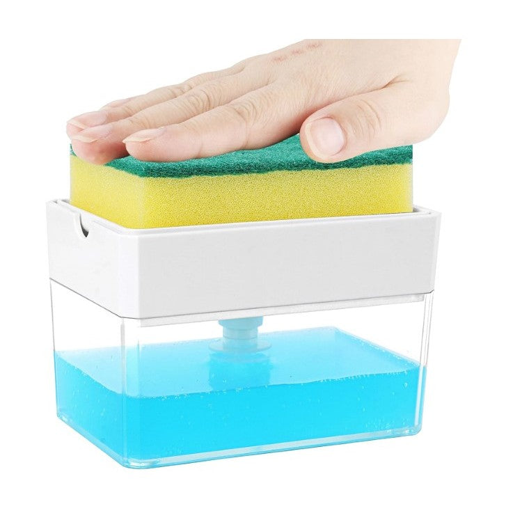 Dozator Flippy, Dispenser 2 in 1 pentru Detergent Lichid de Vase sau pentru Obiecte Sanitare cu Suport pentru Burete de