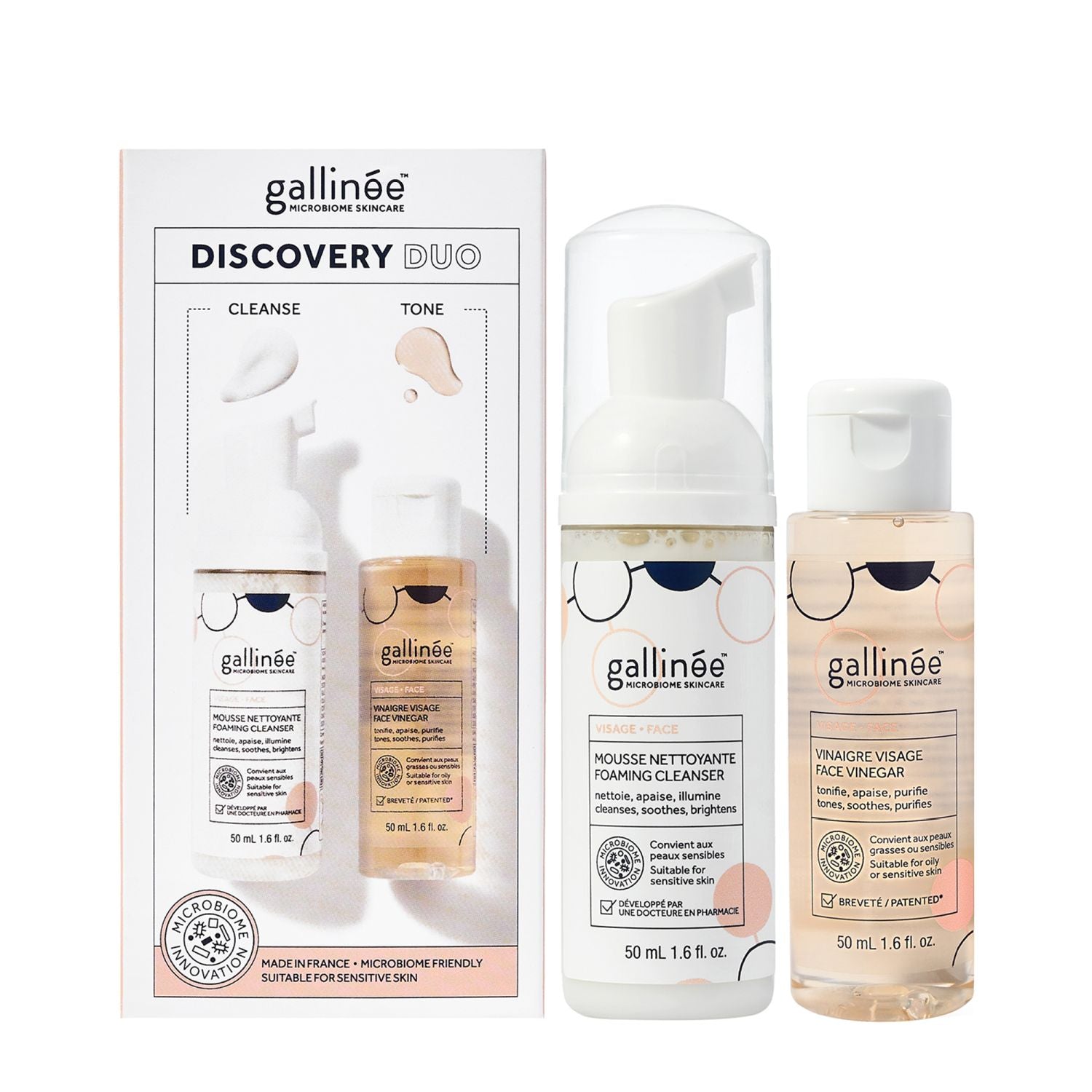 Duo Set Set Gallinee: Microbiome Skincare, Prebiotics & Postbiotics, Purifying, Cleansing Foam, 50 ml + Microbiome Skincare, Prebiotics & Postbiotics, Soothing, Lotion, For Face, 50 ml - Olmarkt