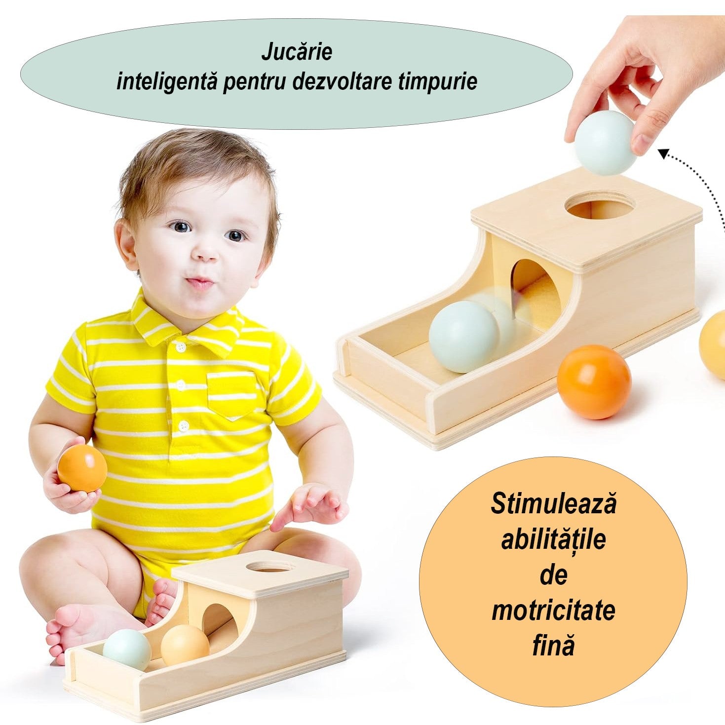 Jucarie Educativa Montessori din Lemn, Flippy, Model Pista cu Bile si Tunel, 4 piese, Joc pentru Motricitate si