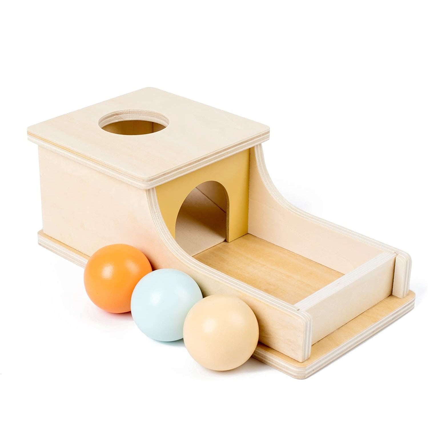 Jucarie Educativa Montessori din Lemn, Flippy, Model Pista cu Bile si Tunel, 4 piese, Joc pentru Motricitate si
