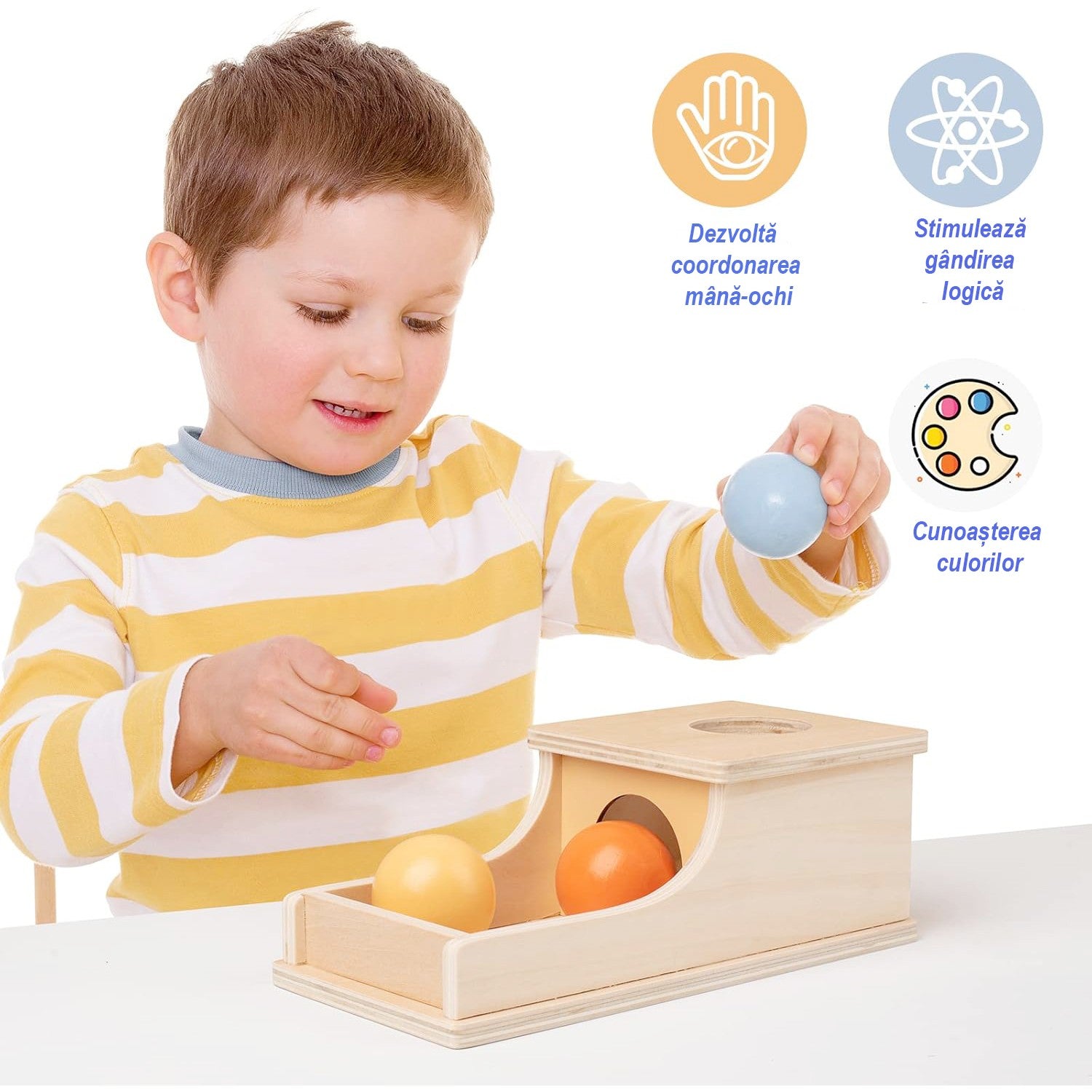 Jucarie Educativa Montessori din Lemn, Flippy, Model Pista cu Bile si Tunel, 4 piese, Joc pentru Motricitate si