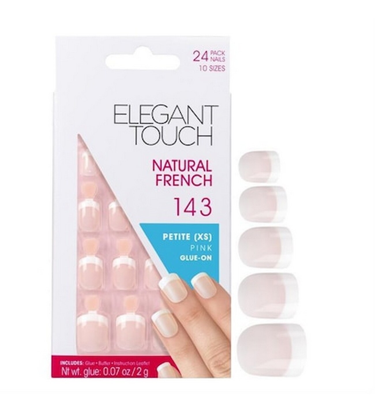 Set, Elegant Touch, Natural French, Pătrat, Unghii artificiale, Roz, 143, Mic (XS), 24 buc - Olmarkt
