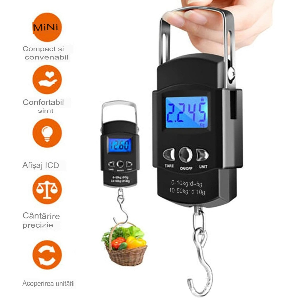 Cantar Digital de Mana cu Carlig, Flippy, Cantar Portabil, Pescuit, cu Maner, Capacitate 50 kg, cu Metru Incorporat,
