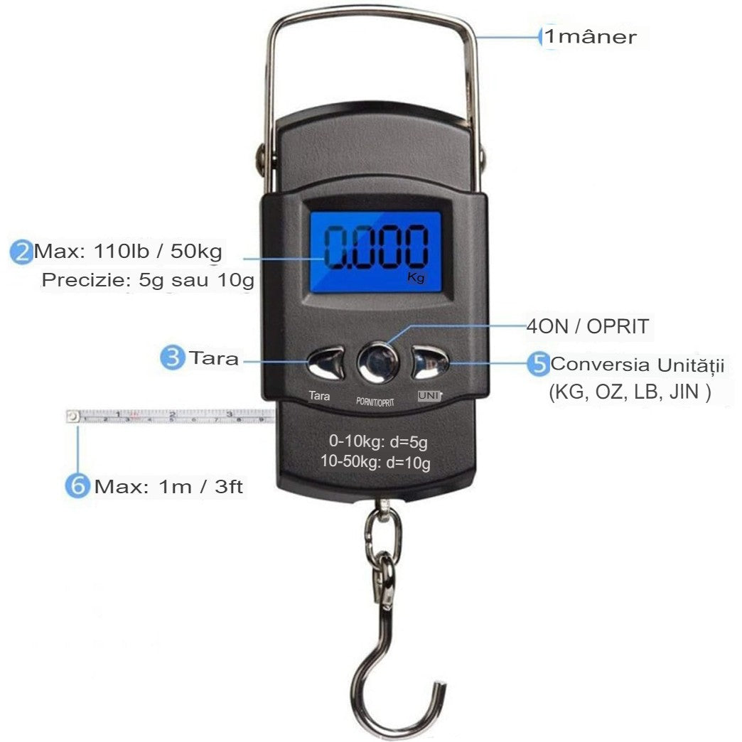 Cantar Digital de Mana cu Carlig, Flippy, Cantar Portabil, Pescuit, cu Maner, Capacitate 50 kg, cu Metru Incorporat,