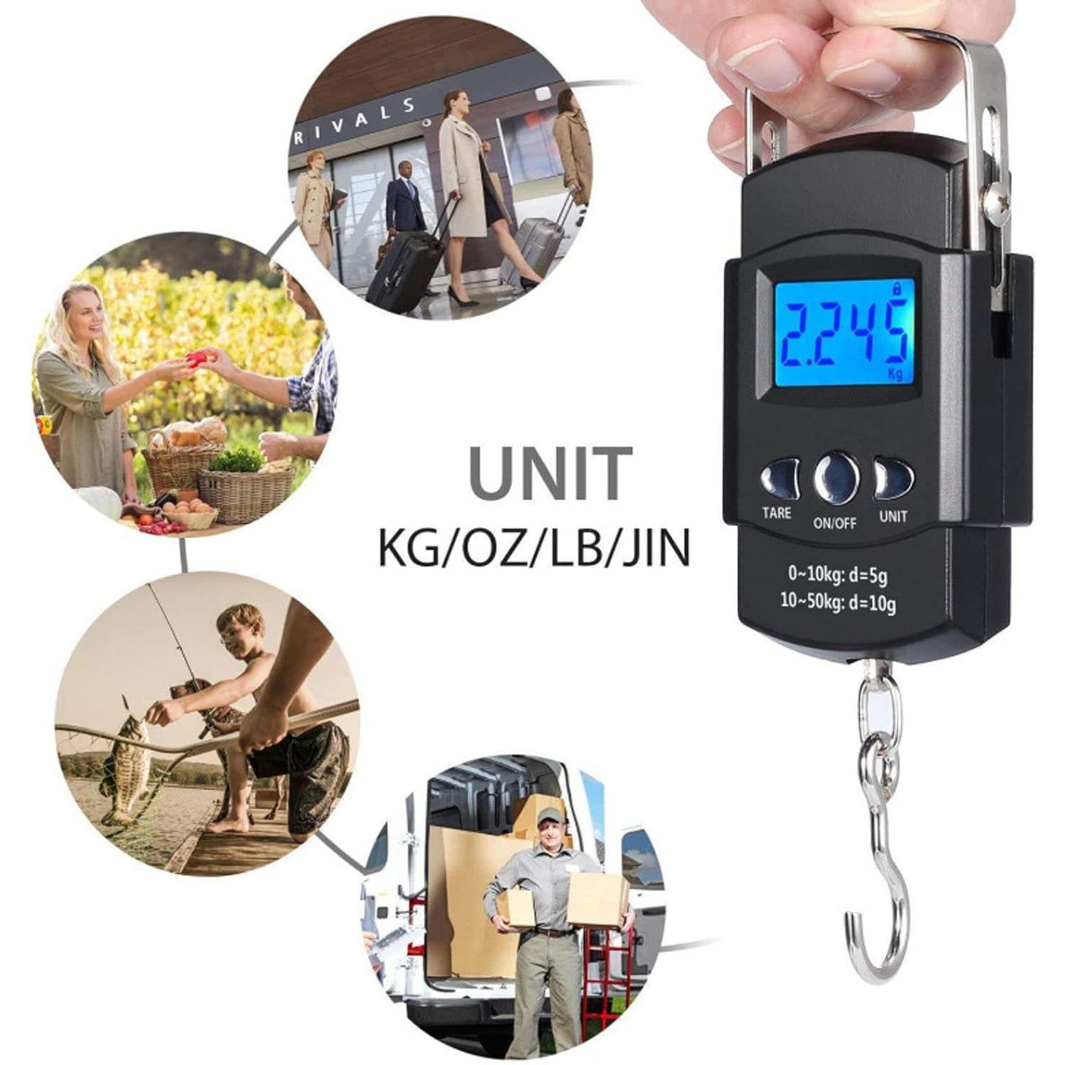 Cantar Digital de Mana cu Carlig, Flippy, Cantar Portabil, Pescuit, cu Maner, Capacitate 50 kg, cu Metru Incorporat,