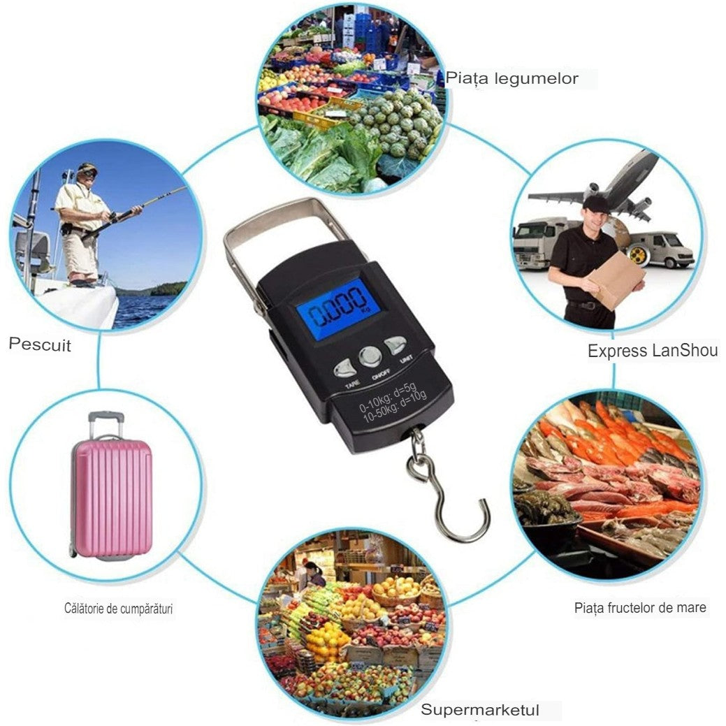Cantar Digital de Mana cu Carlig, Flippy, Cantar Portabil, Pescuit, cu Maner, Capacitate 50 kg, cu Metru Incorporat,