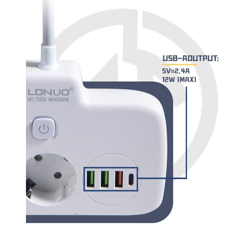 Adaptor Priza, Flippy, 6 in 1, 2 Prize Standard, 3 Porturi USB, 1 Port Tip C, Buton Oprire, 2500W, din PC, Alb