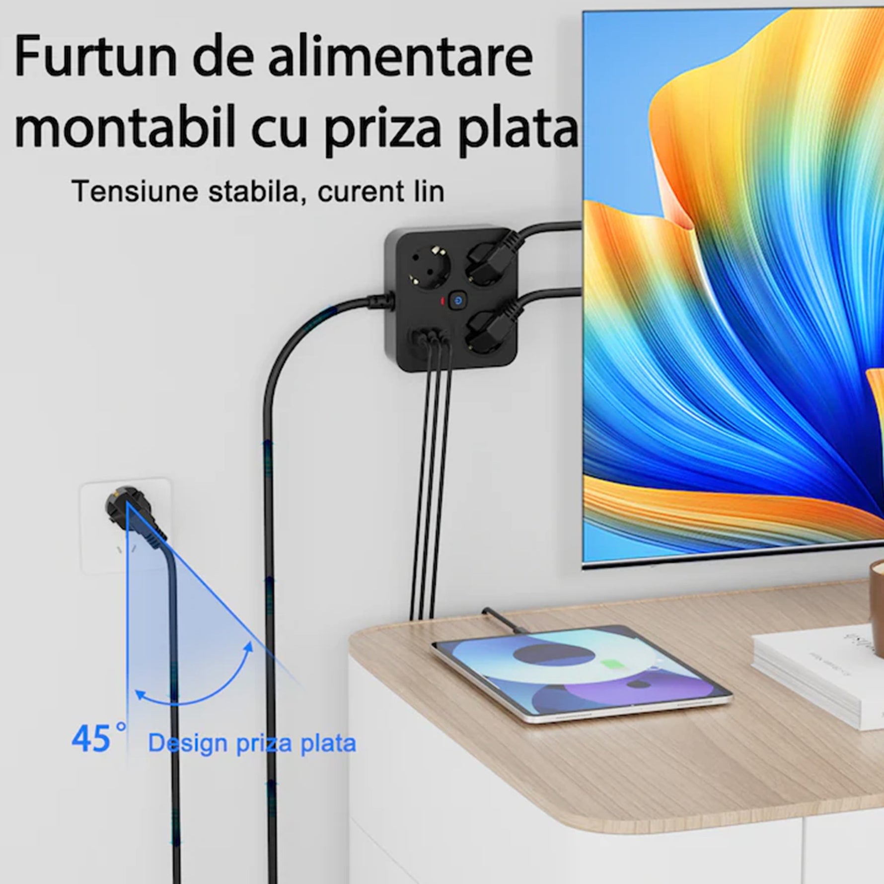 Prelungitor Multifunctional pentru Birou, Flippy, 3 Prize, 2 USB-A, 2 TYPE-C, Suport pentru Telefon, 3250W, Lungime