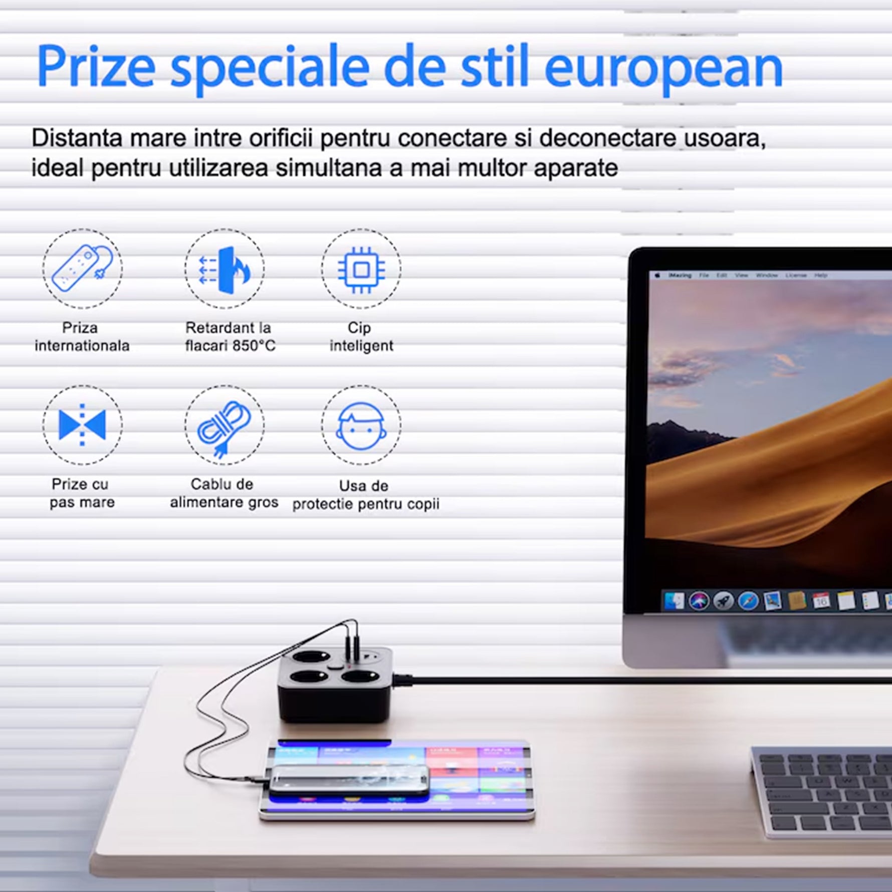 Prelungitor Multifunctional pentru Birou, Flippy, 3 Prize, 2 USB-A, 2 TYPE-C, Suport pentru Telefon, 3250W, Lungime