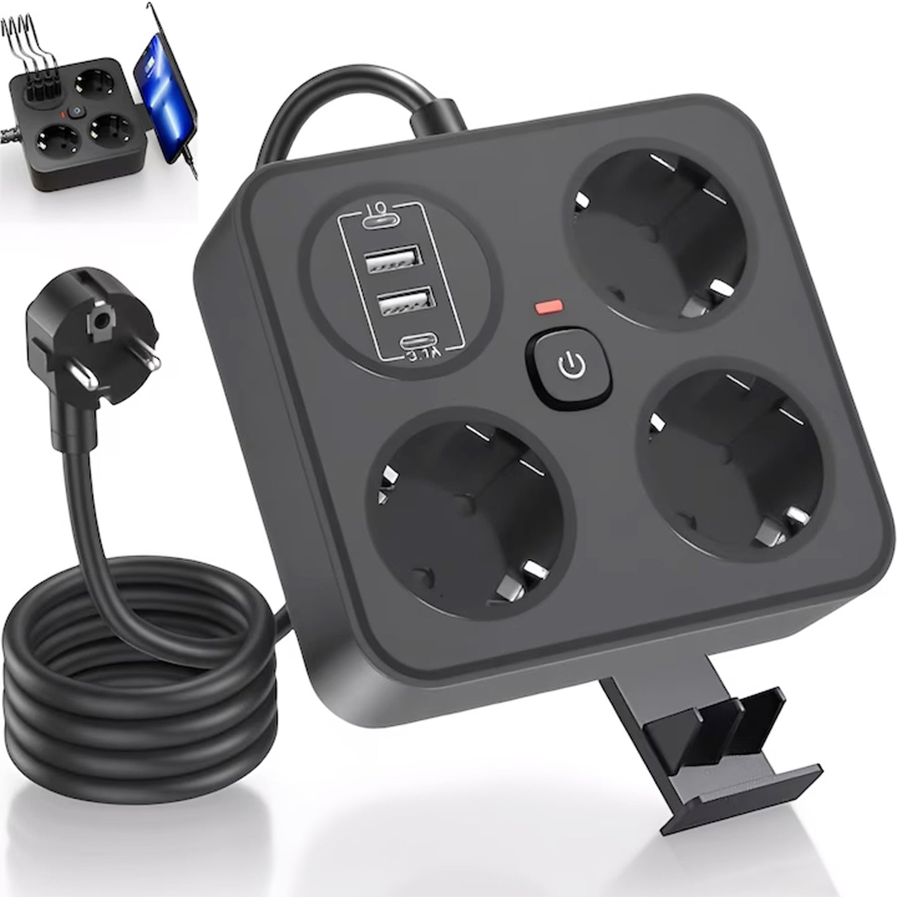Prelungitor Multifunctional pentru Birou, Flippy, 3 Prize, 2 USB-A, 2 TYPE-C, Suport pentru Telefon, 3250W, Lungime