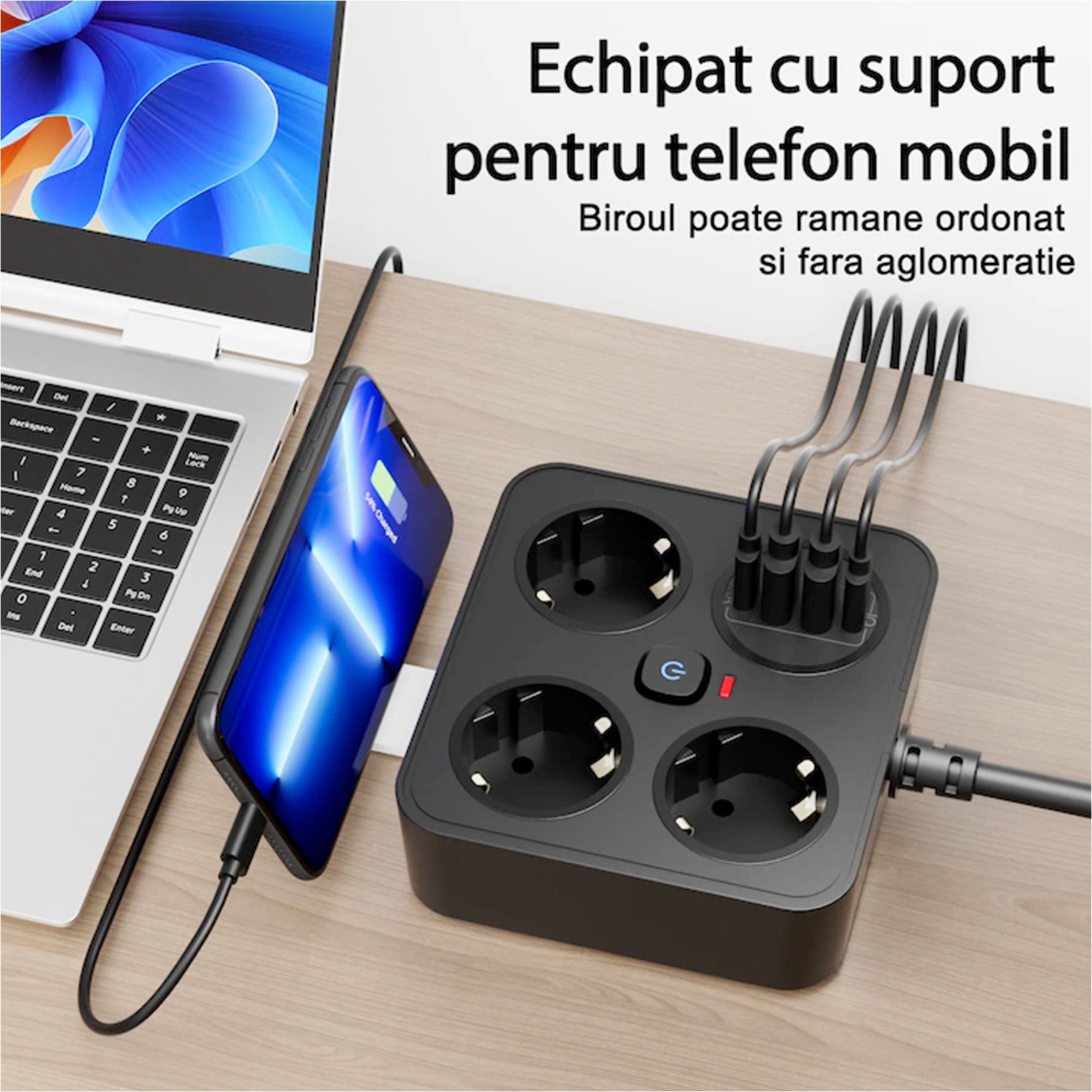 Prelungitor Multifunctional pentru Birou, Flippy, 3 Prize, 2 USB-A, 2 TYPE-C, Suport pentru Telefon, 3250W, Lungime