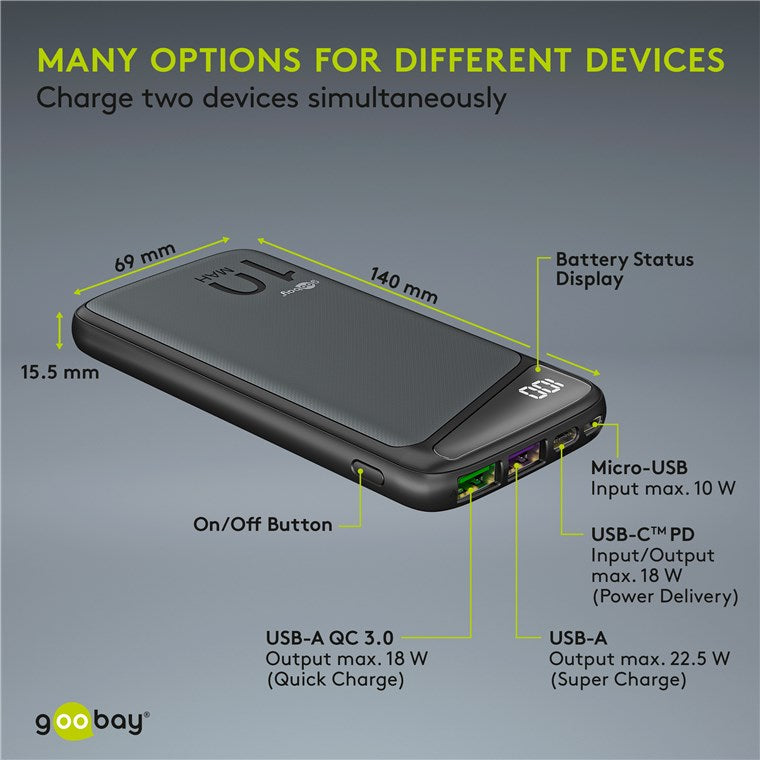 Fast Charge Power Bank acumulator extern 10000mAh USB type C PD QC 3.0 Goobay