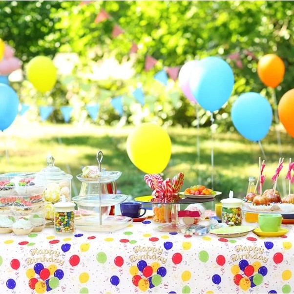 Fata de Masa, Flippy, din PEVA, Imprimeu Happy Birthday cu Baloane, 137 x 274 cm, Impermeabila, Fara Pete, Curatare