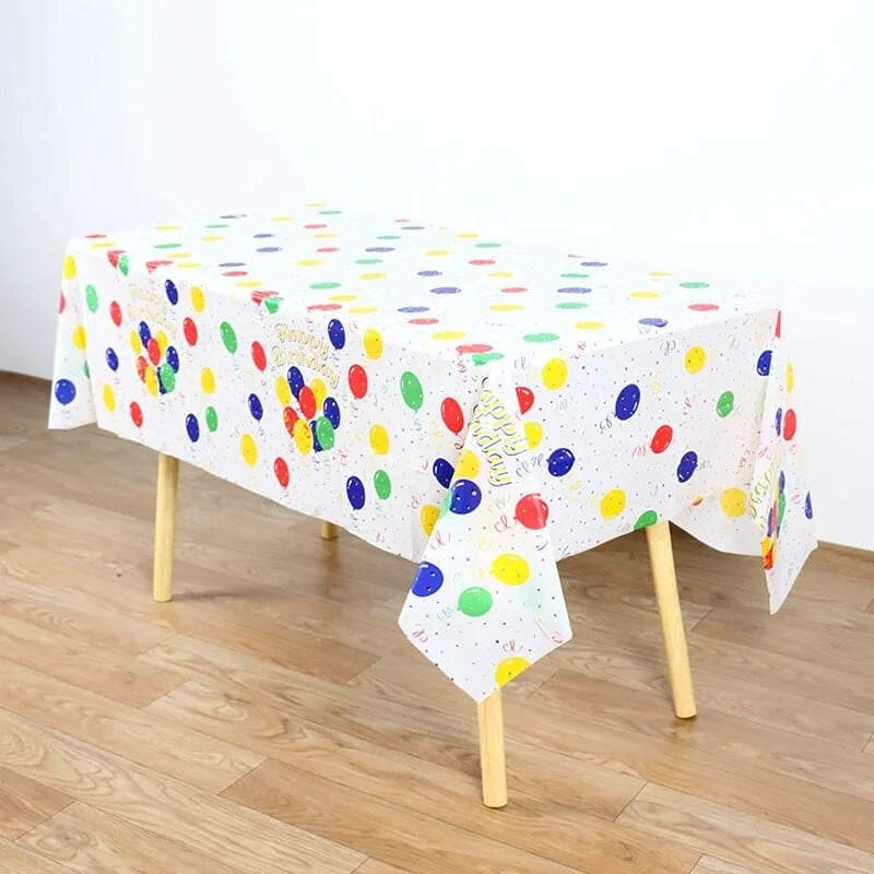 Fata de Masa, Flippy, din PEVA, Imprimeu Happy Birthday cu Baloane, 137 x 274 cm, Impermeabila, Fara Pete, Curatare