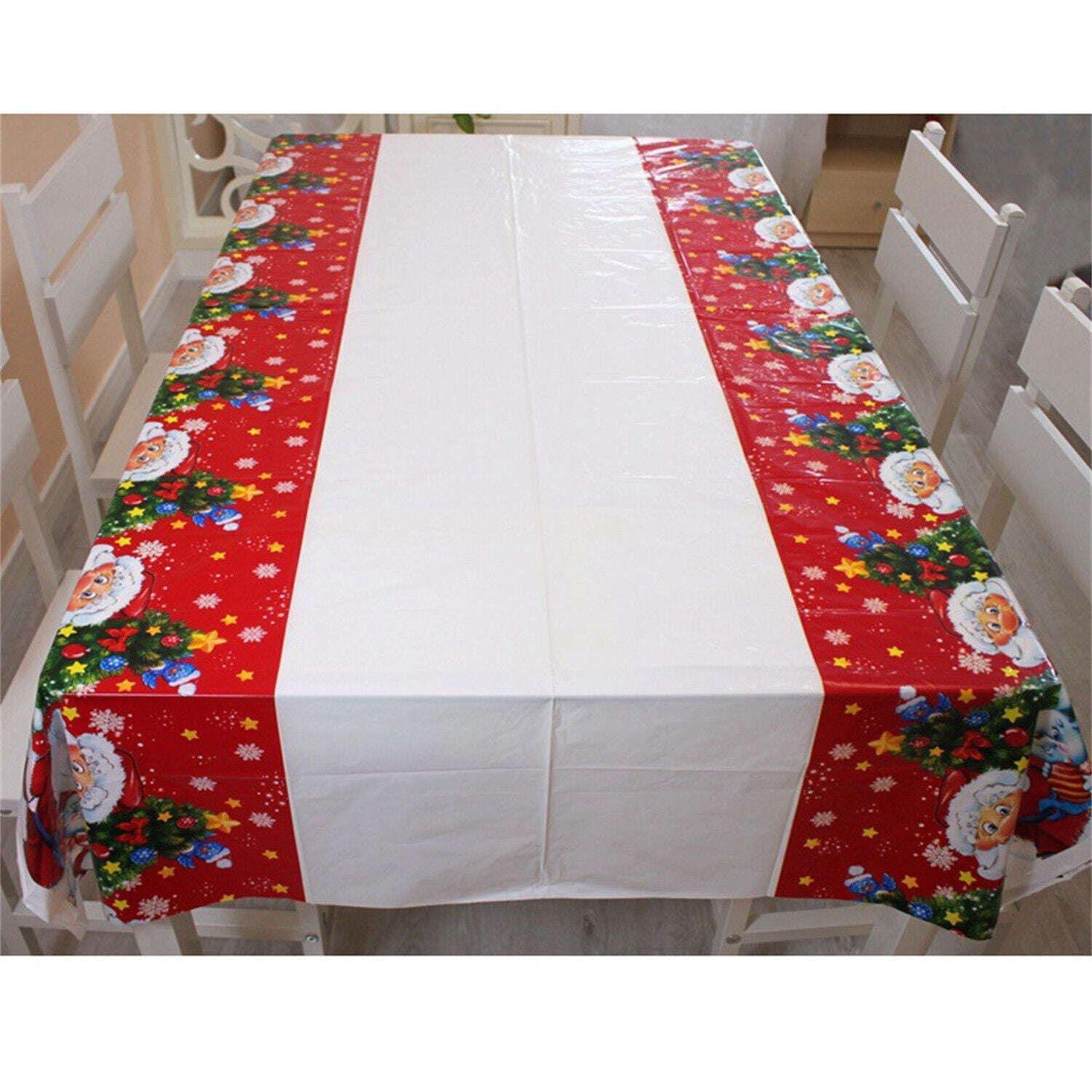 Fata de masa dreptunghiulara Flippy, PVC, 2.5 mm grosime, imprimeu Mos Craciun cu iepuras, potrivit pentru Craciun,