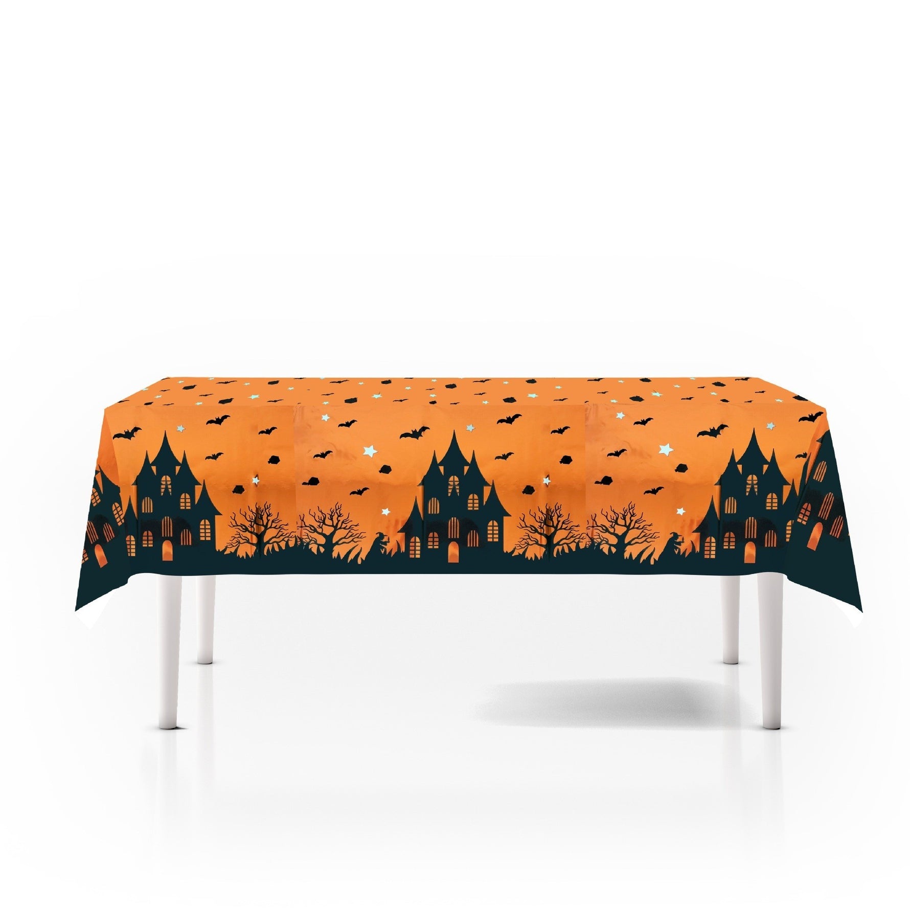 Fata de Masa, Flippy, din Folie, Imprimeu Halloween - Casa Bantuita, 137 x 183 cm, Portocaliu