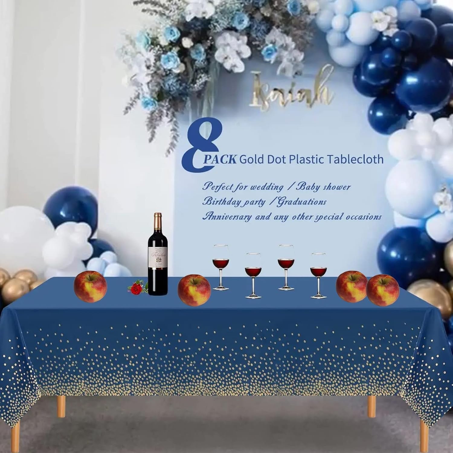 Fata de Masa, Flippy, din PEVA, Imprimeu Buline Aurii, 137 x 274 cm, Impermeabila, Fara Pete, Curatare Rapida, Albastru