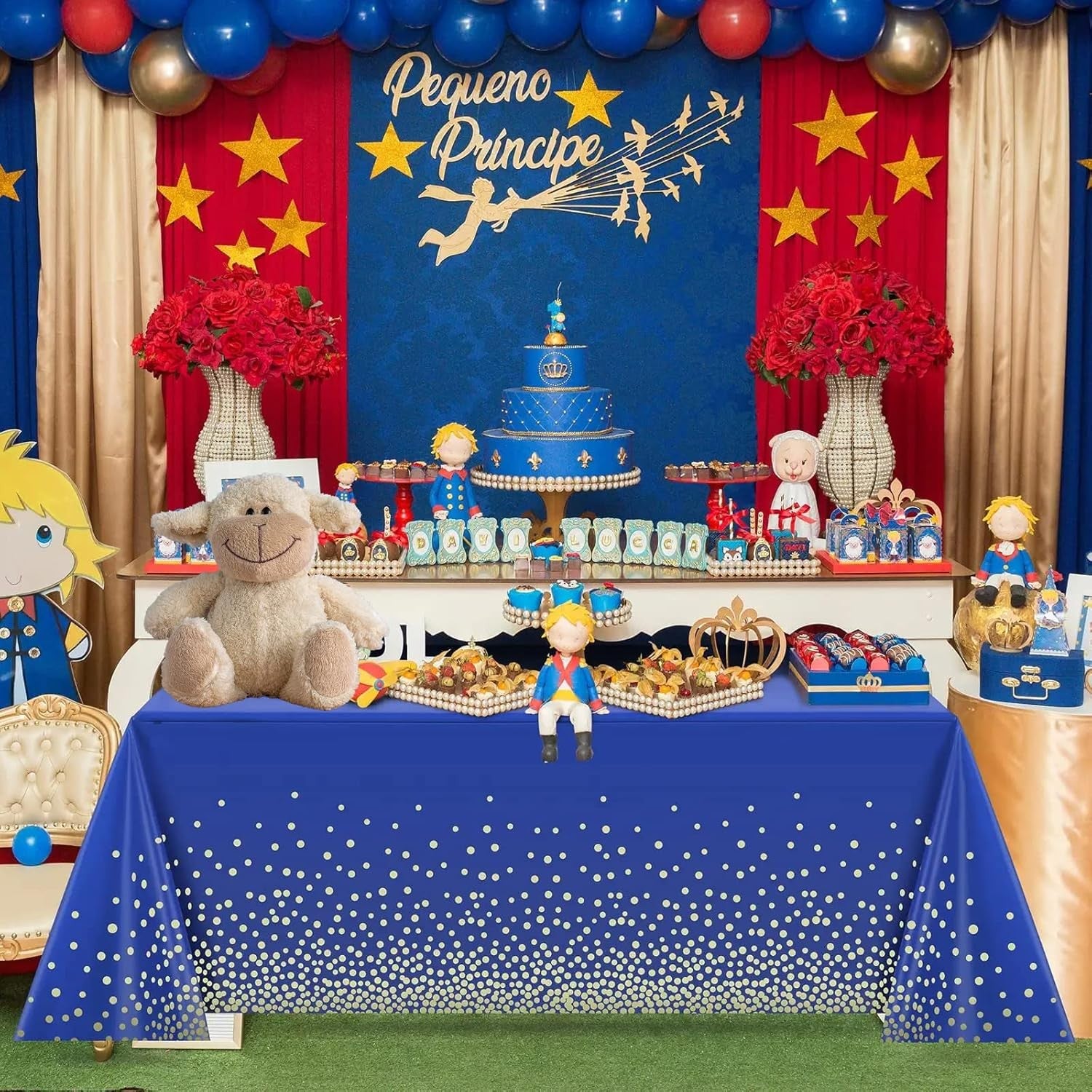 Fata de Masa, Flippy, din PEVA, Imprimeu Buline Aurii, 137 x 274 cm, Impermeabila, Fara Pete, Curatare Rapida, Albastru